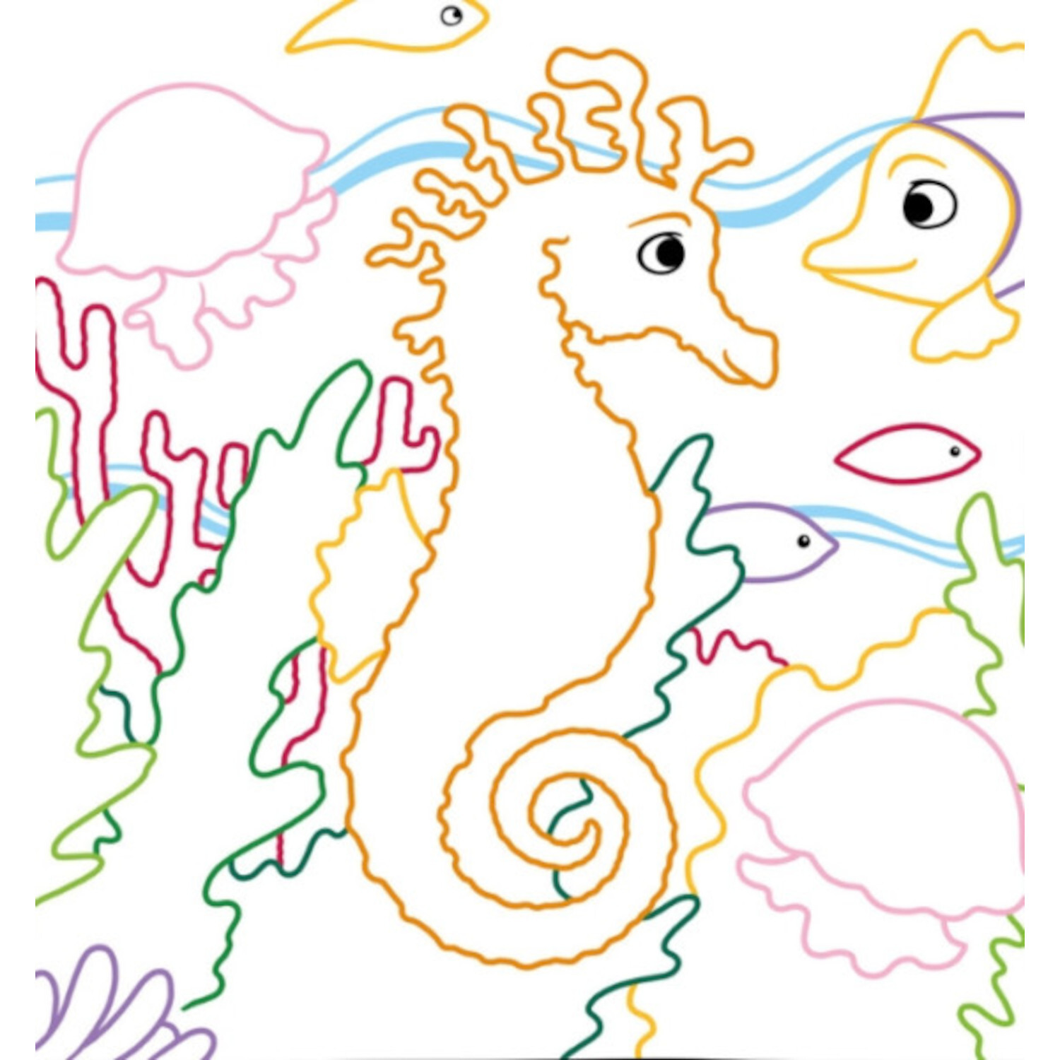 Zauberpapier Malbuch - Strand und Meer: Buntes Seepferdchen mit Fischen und Algen auf weißem Hintergrund.
