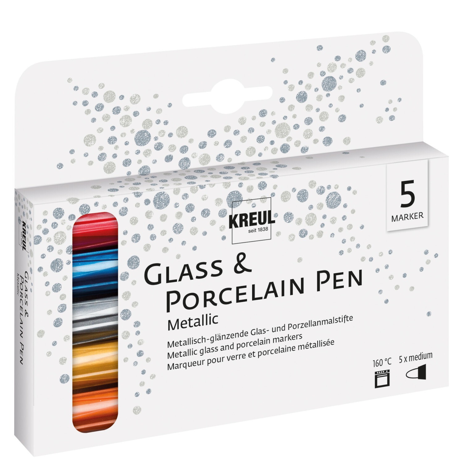 Glass & Porcelain Pen Metallic medium Set, 5-teilig. KREUL Marker in schimmernden Farben für Glas und Porzellan. Ideal für kreative Projekte.