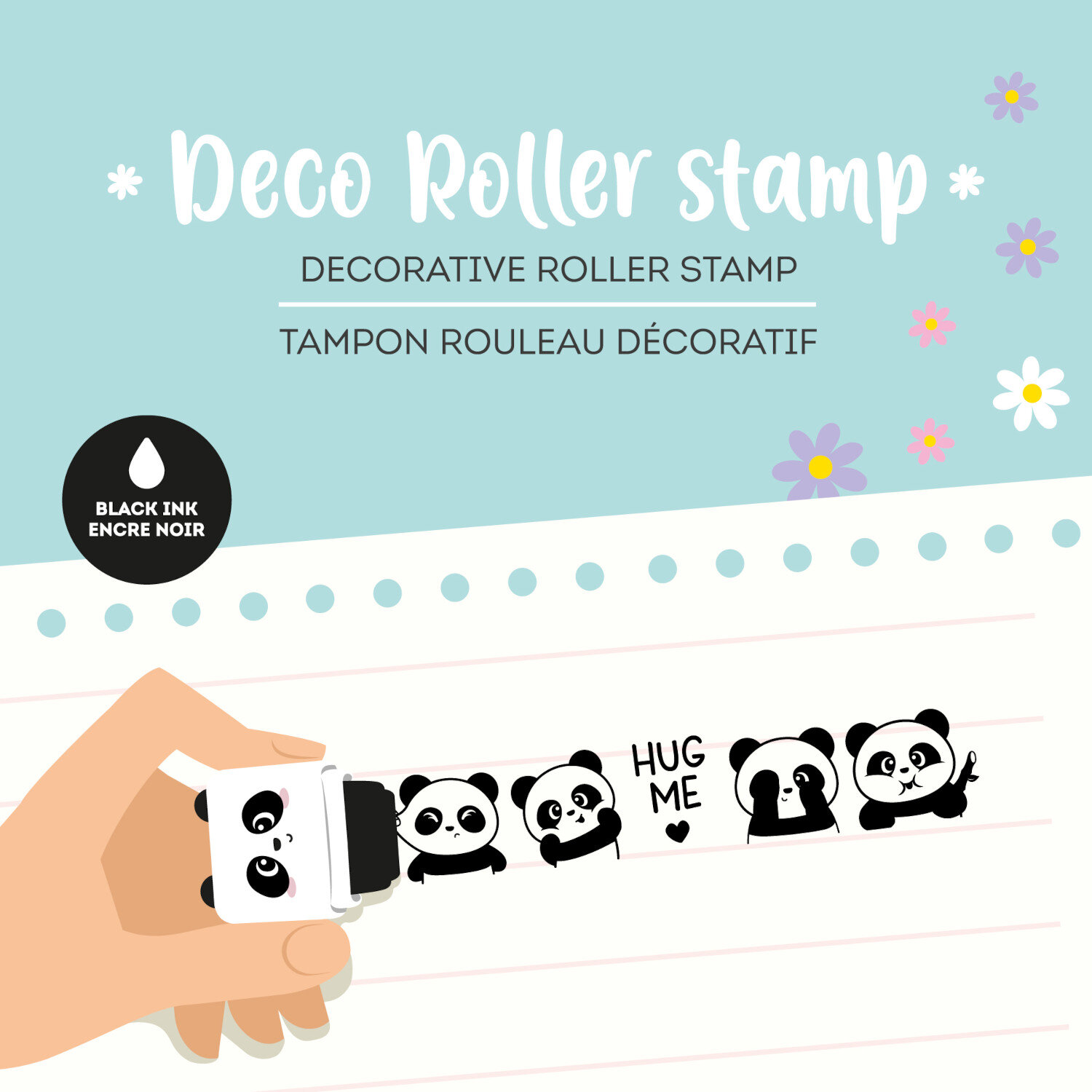 Deco Roller Stempel von Legami mit niedlichen Pandamotiven, zeigt handgeführten Deko-Roller, der schwarze Panda-Stempel auf eine weiße Notizseite aufträgt