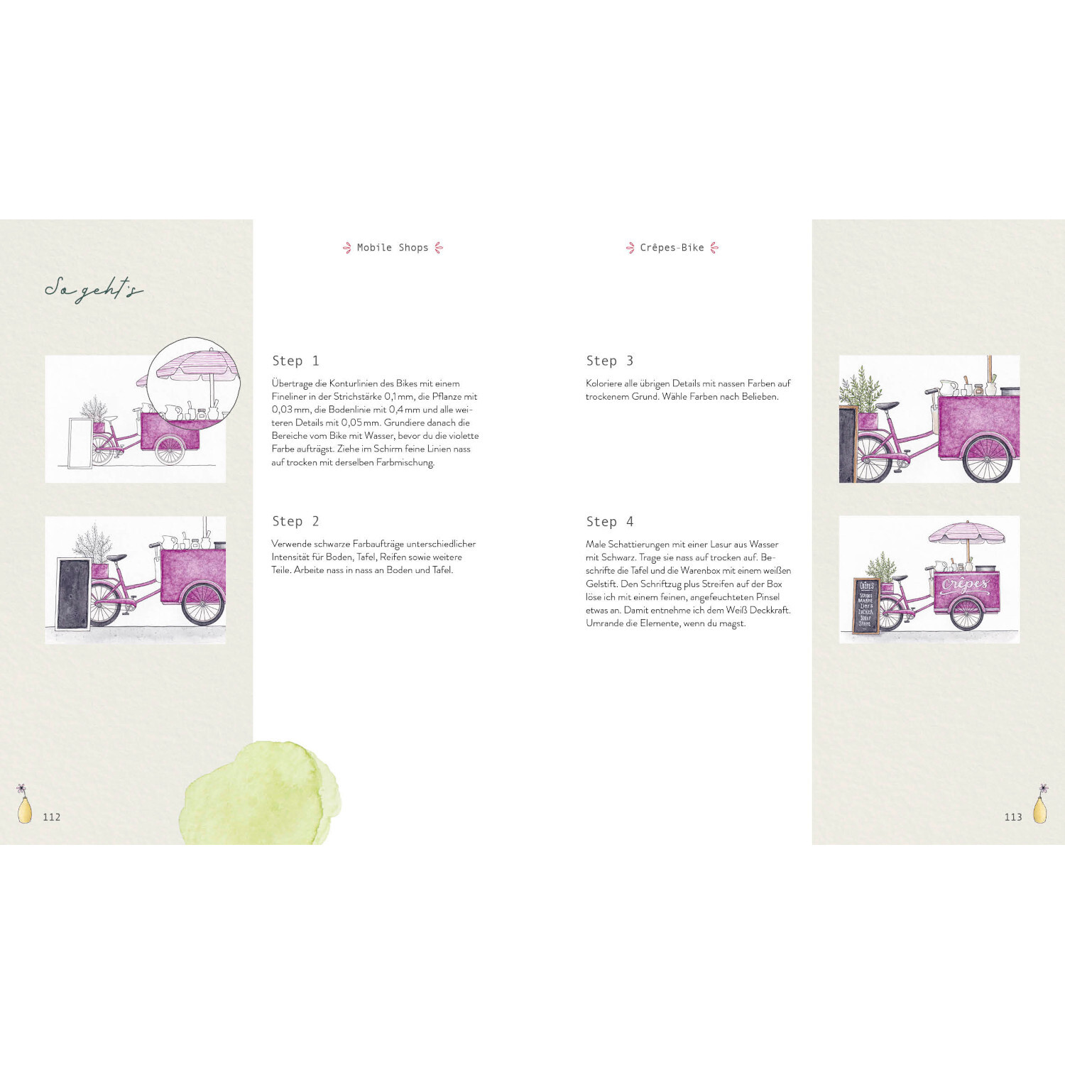 Watercolor - Little Shops: Anleitung mit Illustrationen von rosa Verkaufsständen auf beigem Hintergrund.