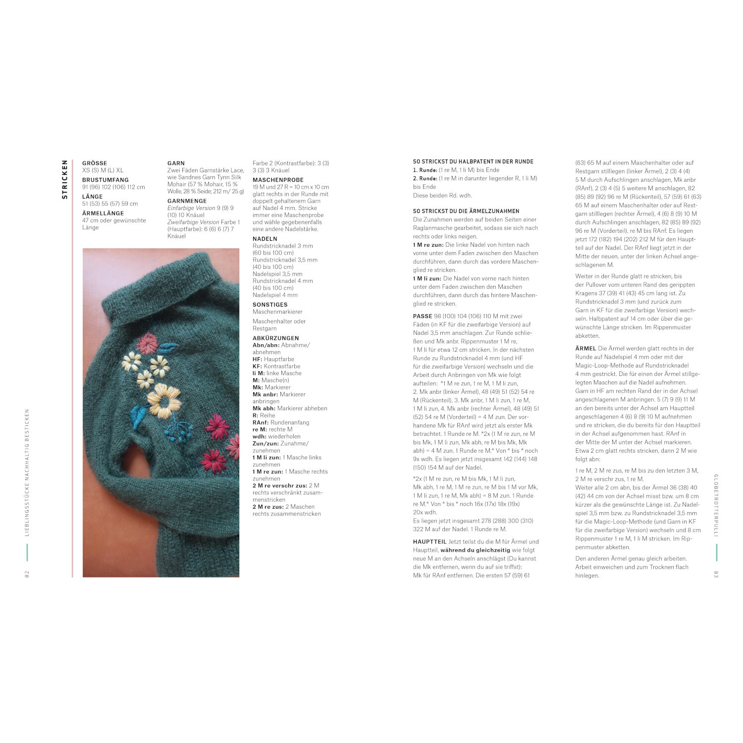 Lieblingsstücke nachhaltig besticken: Grüner Pullover mit bunten Blumenstickereien, präsentiert im Christophorus Verlag.