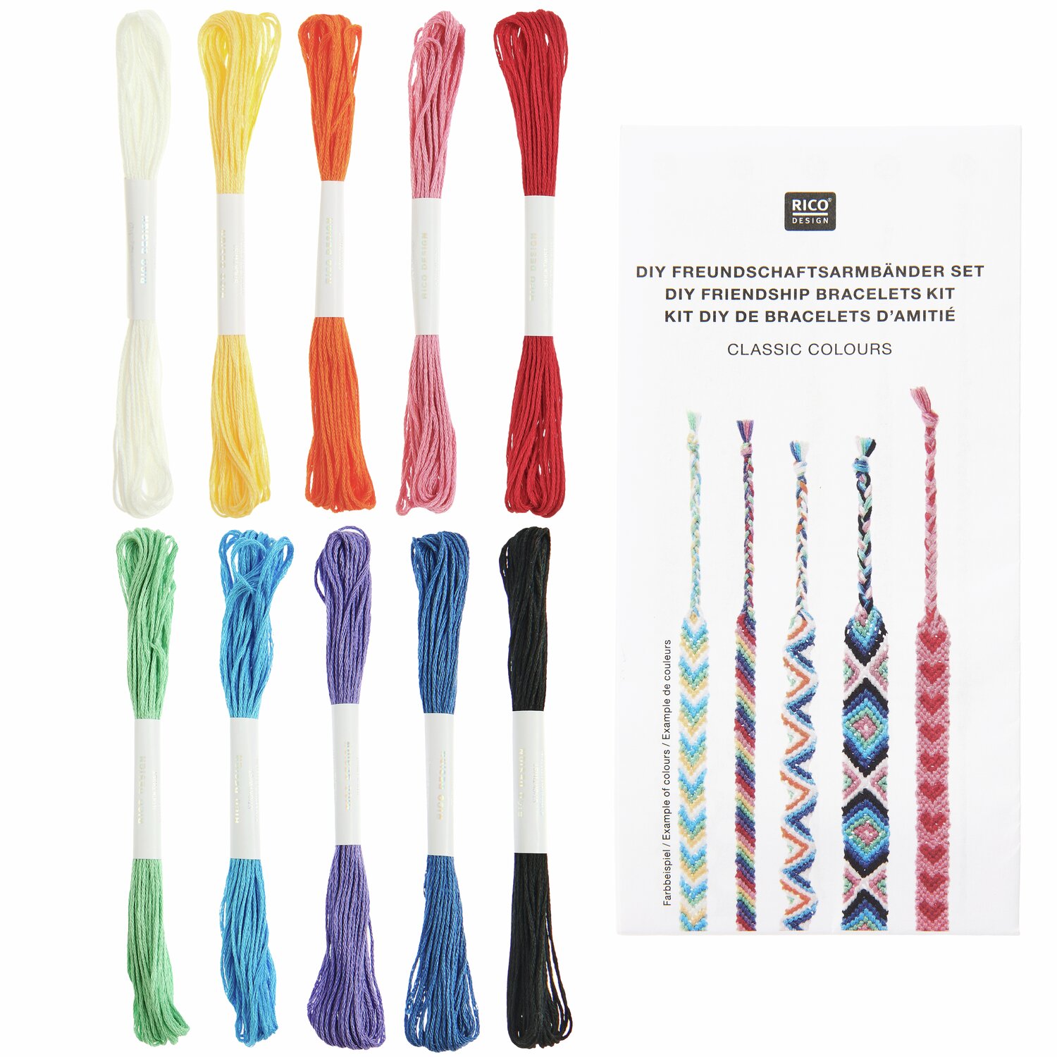DIY Freundschaftsarmbänder Set Classic Colours mit bunten Garnen von Rico Design für kreative Armbänder. Ideal für Bastelprojekte und Geschenke.