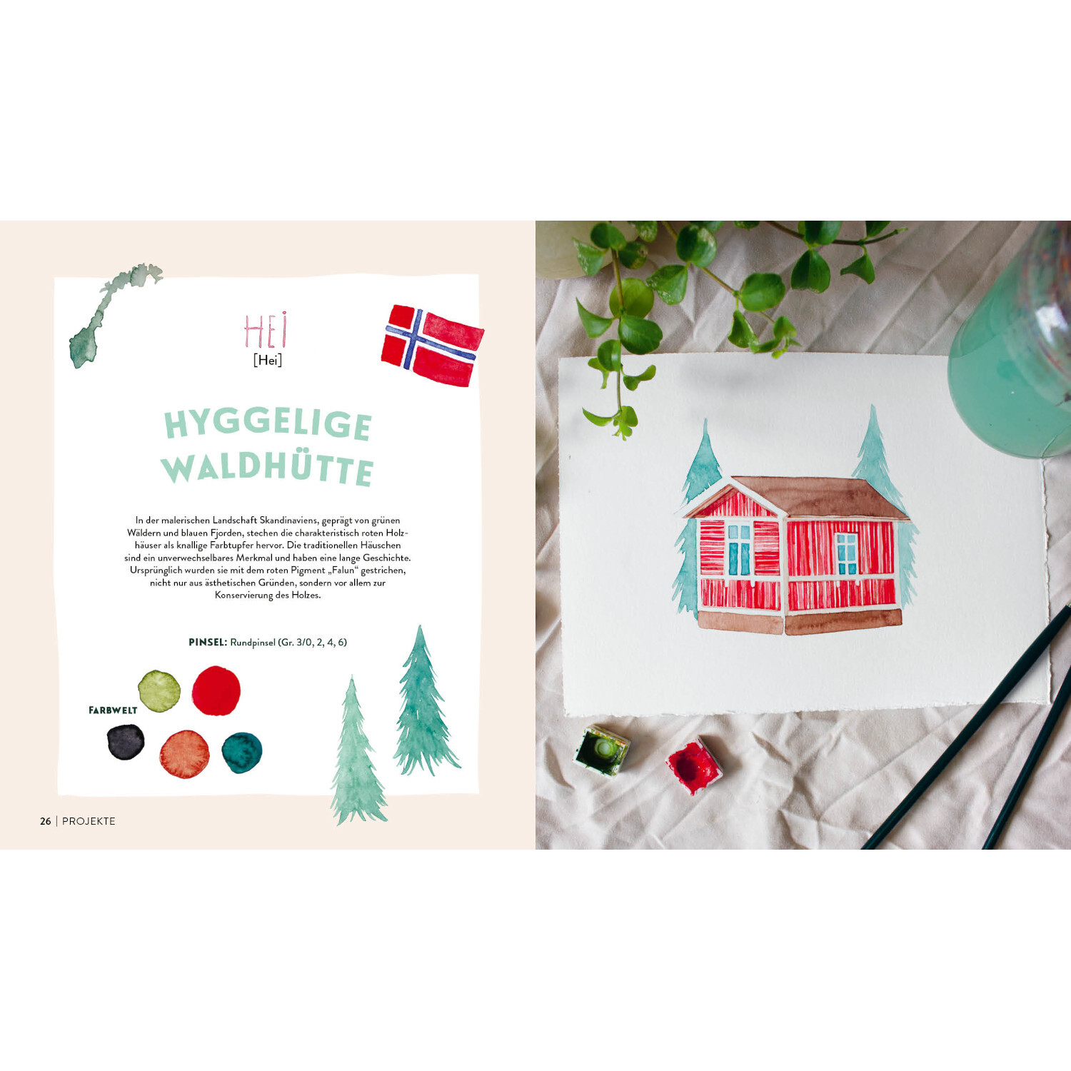 Meine große Watercolor-Reise: Illustration einer roten Waldhütte mit grünen Bäumen, präsentiert von EMF.