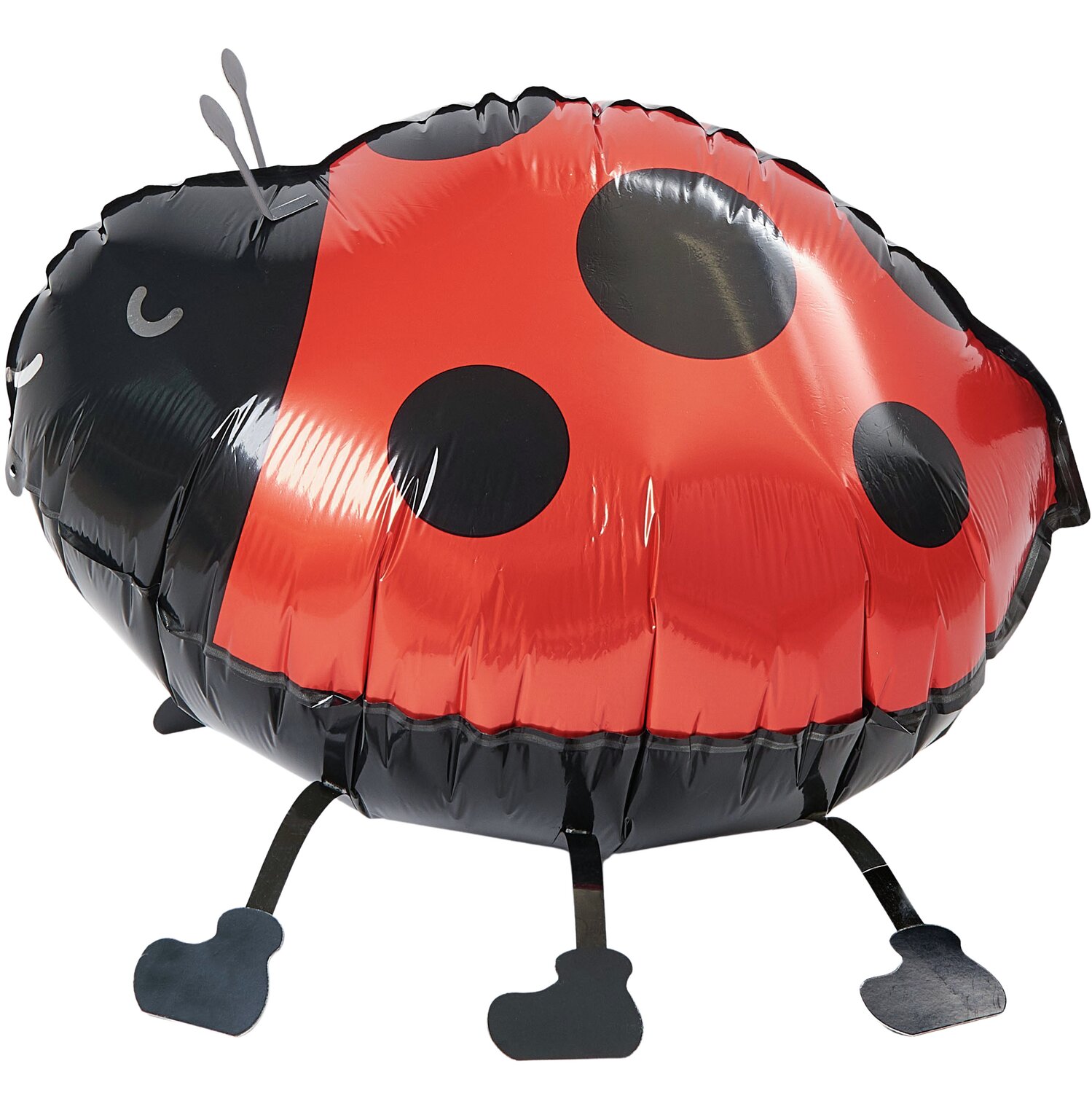 Folienballon Airwalker Marienkäfer in Rot und Schwarz, 36x24x29cm, mit niedlichen Punkten und Beinen.