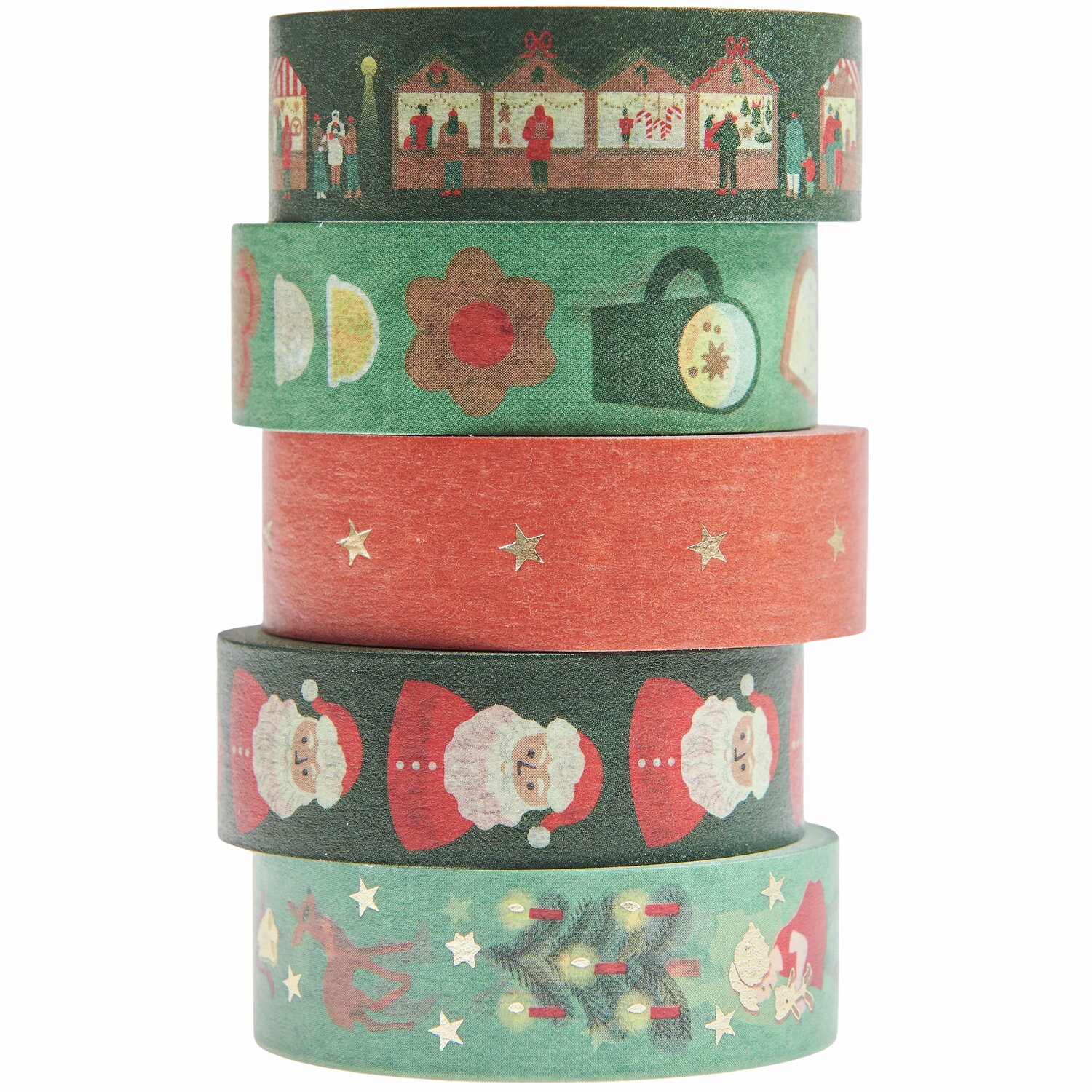 Paper Poetry Tape Set Weihnachtsmarkt Classic, 5-teilig, zeigt weihnachtliche Motive auf buntem Klebeband. Ideal für festliche Dekorationen.