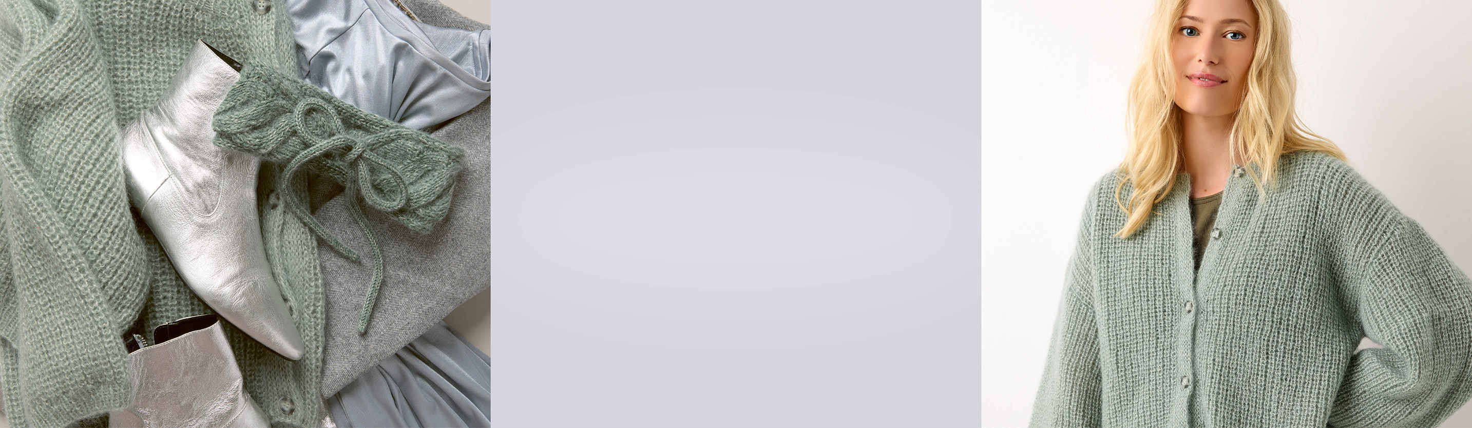 3 Bilder: Kleidung in Grüntönen, graue Fläche, Frau mit grüner Strickjacke