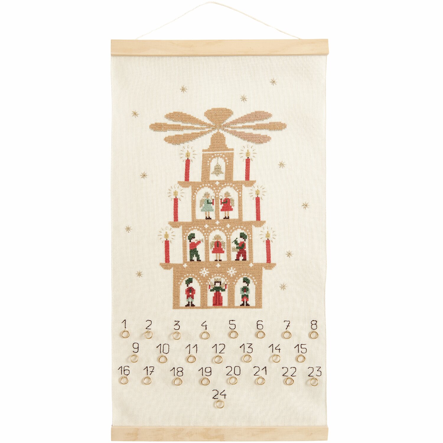 Stickpackung Adventskalender Lichterpyramide zeigt eine gestickte Pyramide mit Zahlen und Figuren. Ideal für weihnachtliche Dekoration.