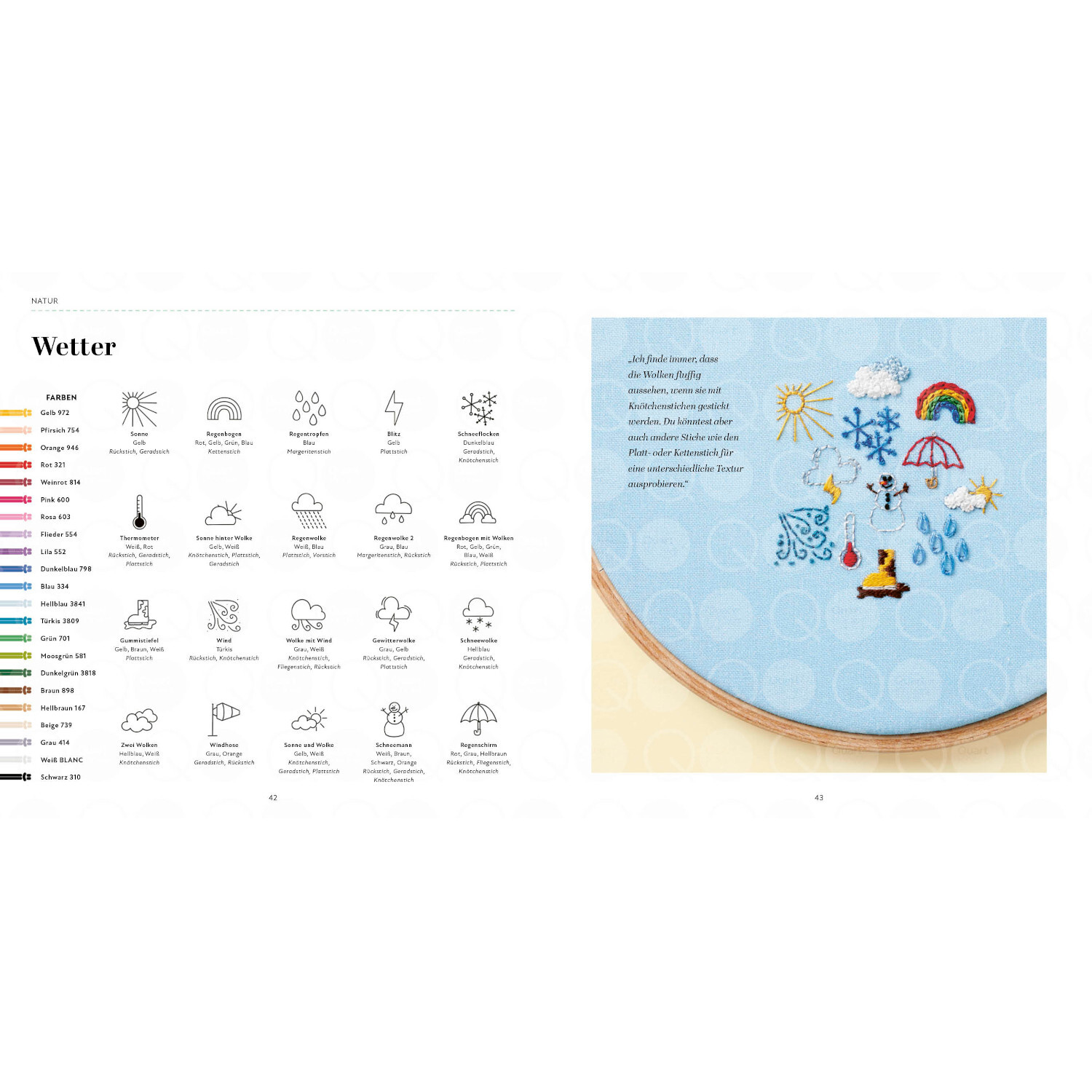 1000 x Sticken - Die große Motivsammlung zeigt bunte Wetter-Stickmotive auf blauem Stoff.