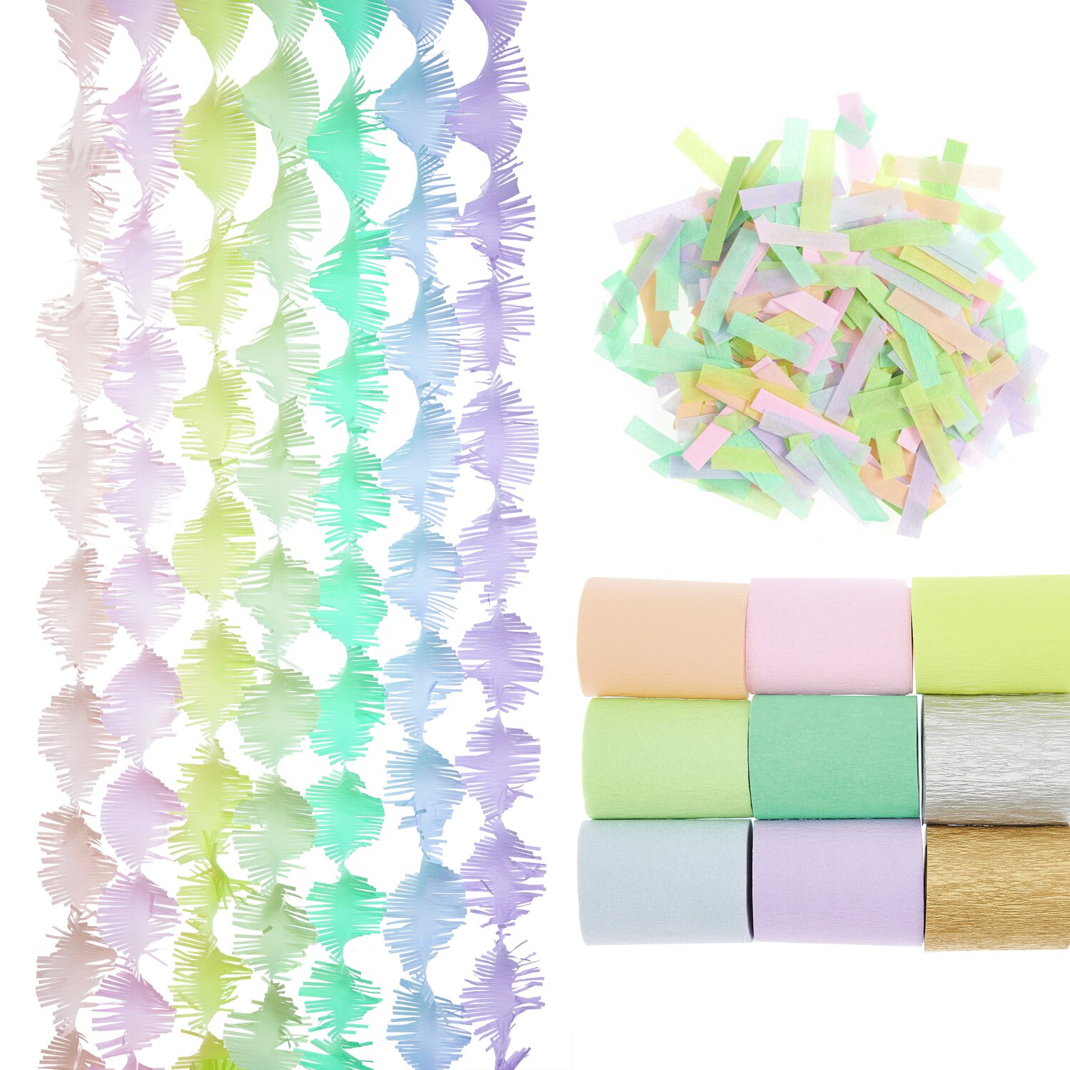 Deko-Set Regenbogen Pastell von Rico Design: Bunte Girlanden und Konfetti in Pastellfarben. Perfekt für kreative Dekorationen und festliche Anlässe.