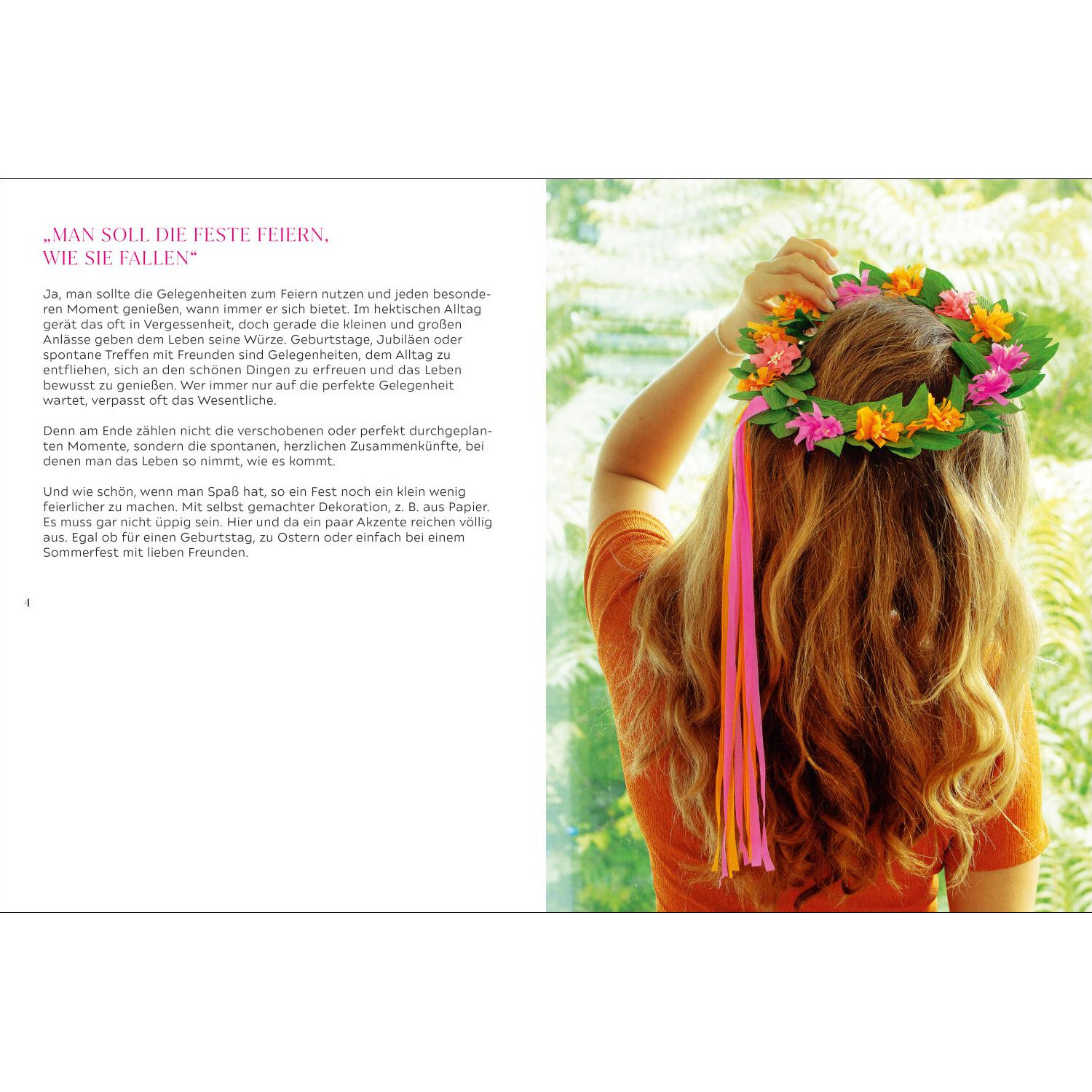 Kreative Papierdeko: Ideen für Feste und Partys. Frau mit Blumenkranz im Haar, bunte Bänder, sommerliche Atmosphäre. Ideal für kreative Partyideen.