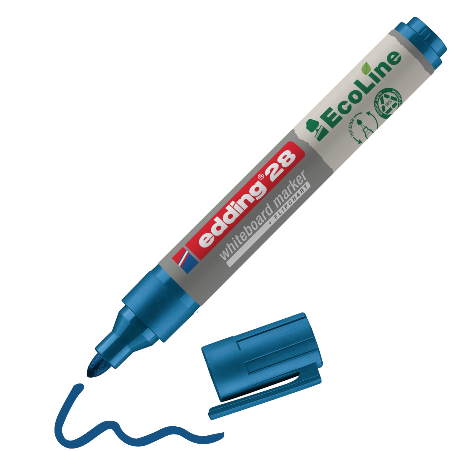 28 EcoLine Whiteboardmarker 1,5-3mm Farbe Blau von edding International 28 EcoLine Whiteboardmarker 1,5-3mm in Blau von edding, mit abnehmbarer Kappe und geschwungener Linie.