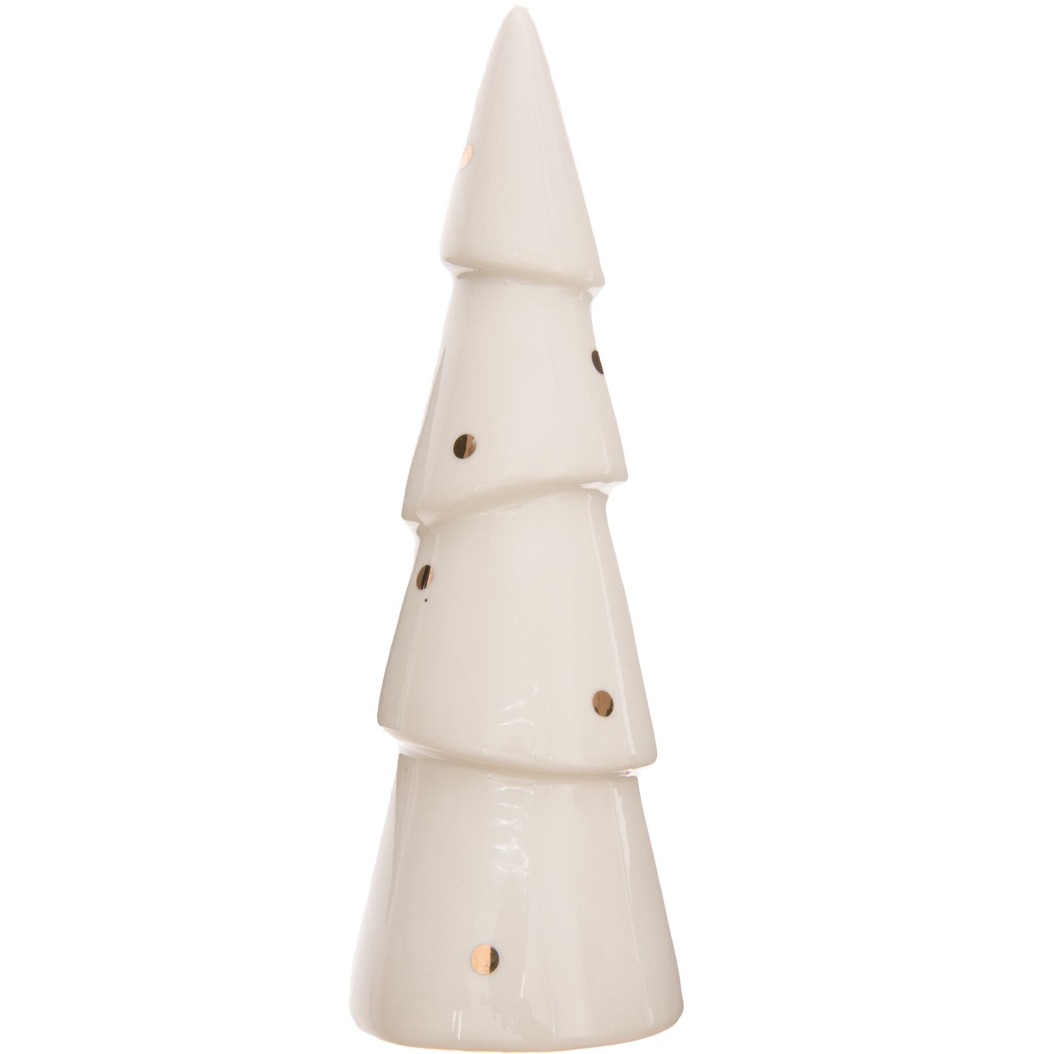 Tannenbaum aus Porzellan weiß-gold-gepunktet, elegant und modern, ideal für festliche Dekorationen.