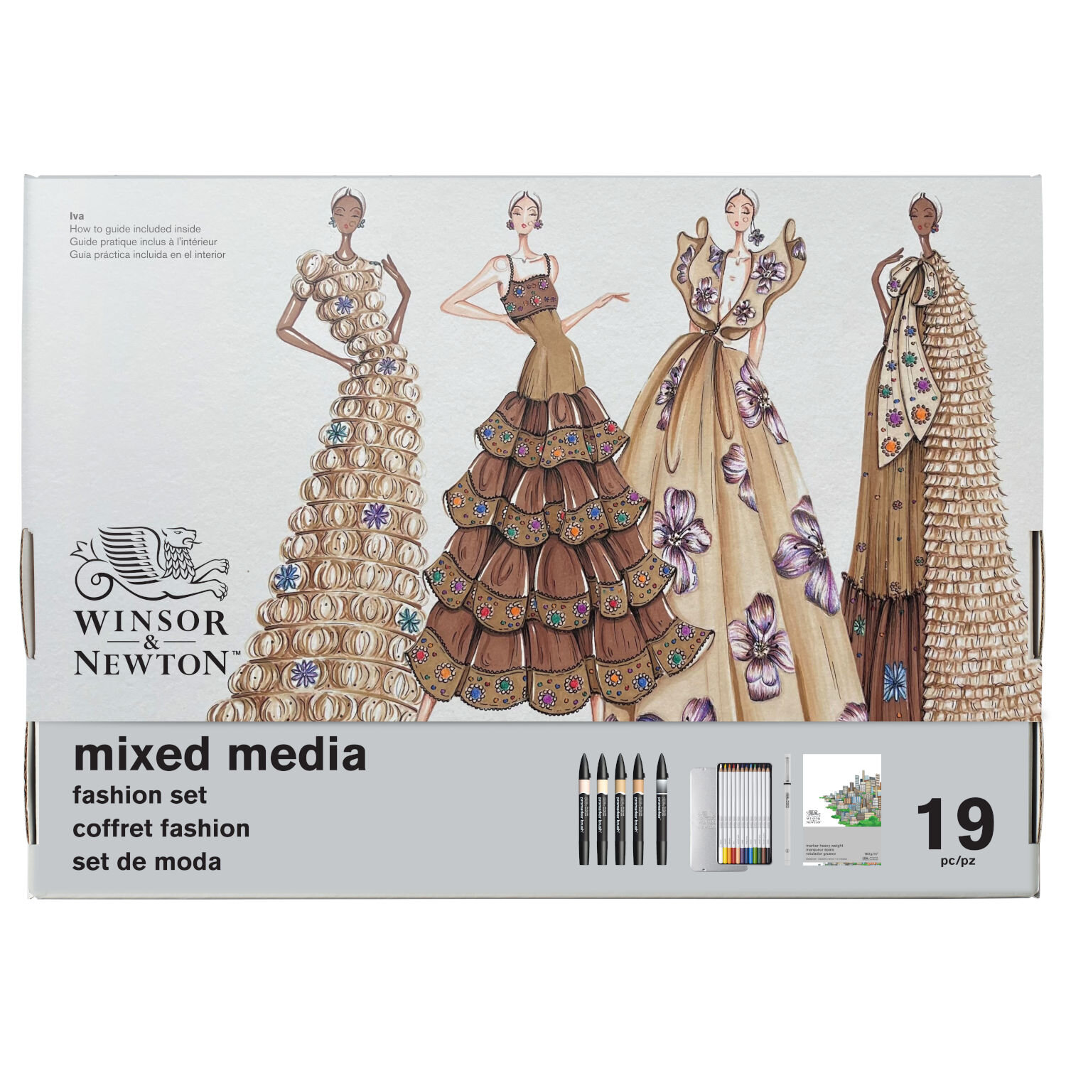 Mixed Media Fashion Set mit Winsor & Newton Kreativbox, ideal für Modeillustrationen mit Stiften und Papier, Verpackung mit vier eleganten Zeichnungen