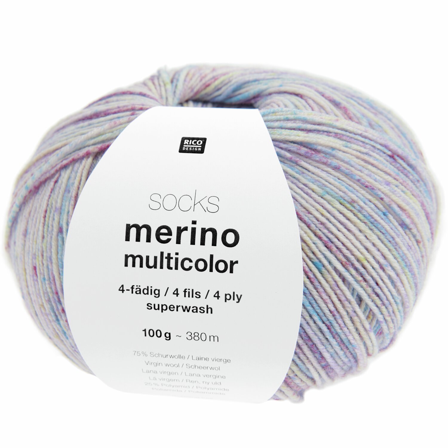 Socks Merino Multicolor 4-fädig 100g 380m Farbe Berries von Rico Design Socks Merino Multicolor 4-fädig Wolle von Rico Design in sanften Pastelltönen, 100g, 380m. Ideal für Strickprojekte mit weicher Textur.