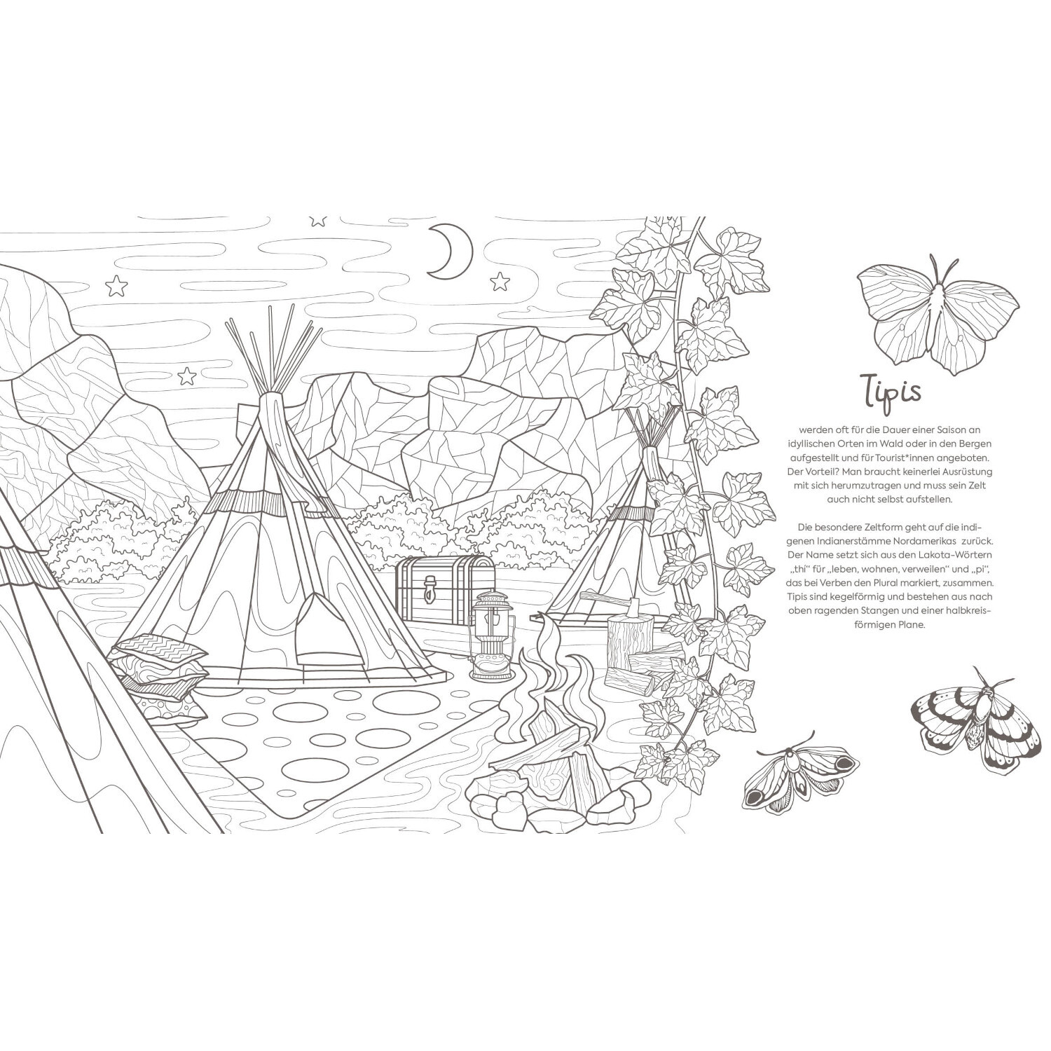 Ausmalreise Camping: Detaillierte Malvorlage mit Tipis und Naturmotiven, ideal für kreative Entspannung. Marke EMF.