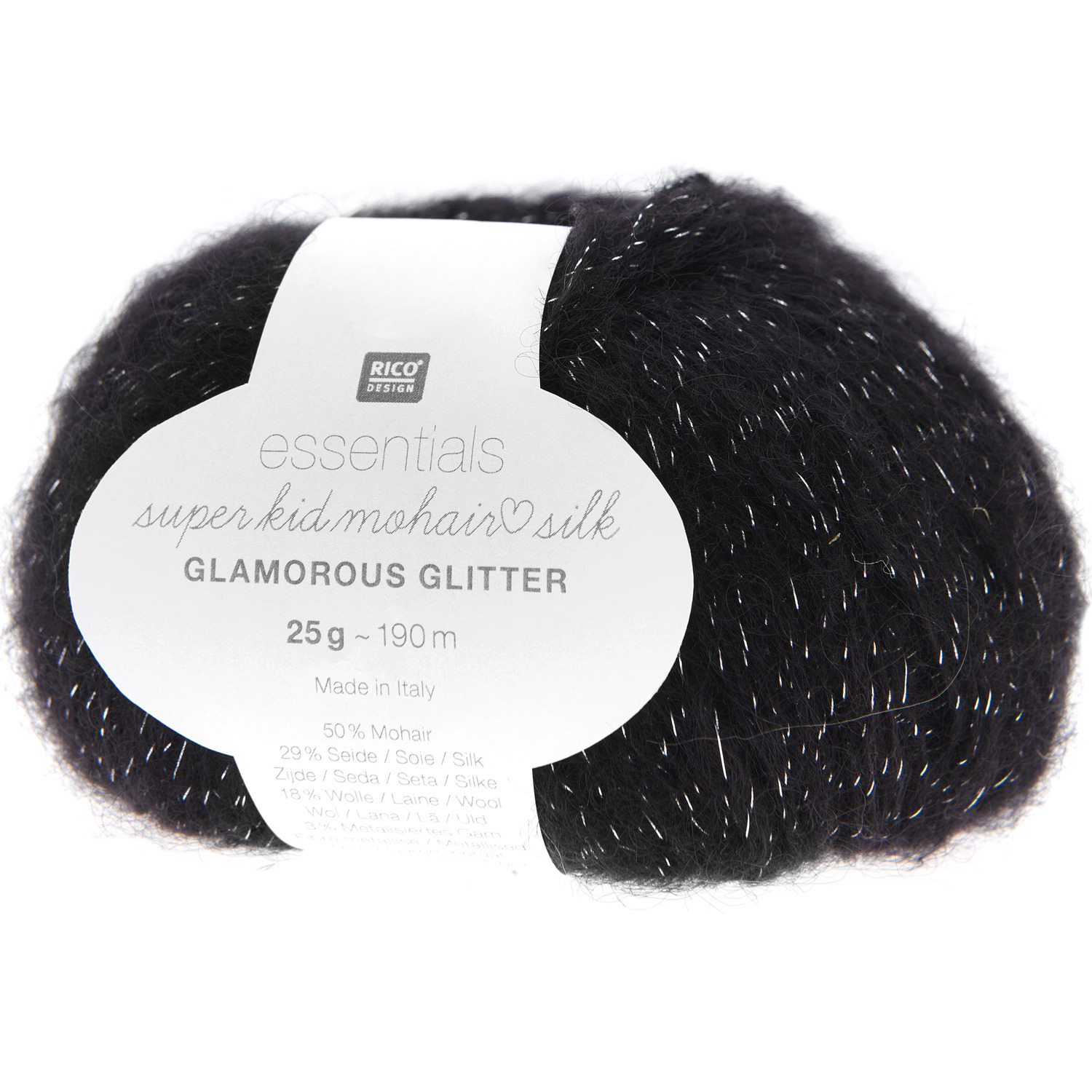 Essentials Super Kid Mohair Loves Silk Glamorous Glitter 25g 190m Farbe Schwarz von Rico Design Essentials Super Kid Mohair Loves Silk Glamorous Glitter in Schwarz von Rico Design, 25g Knäuel mit 190m Länge, ideal für luxuriöse Strickprojekte.