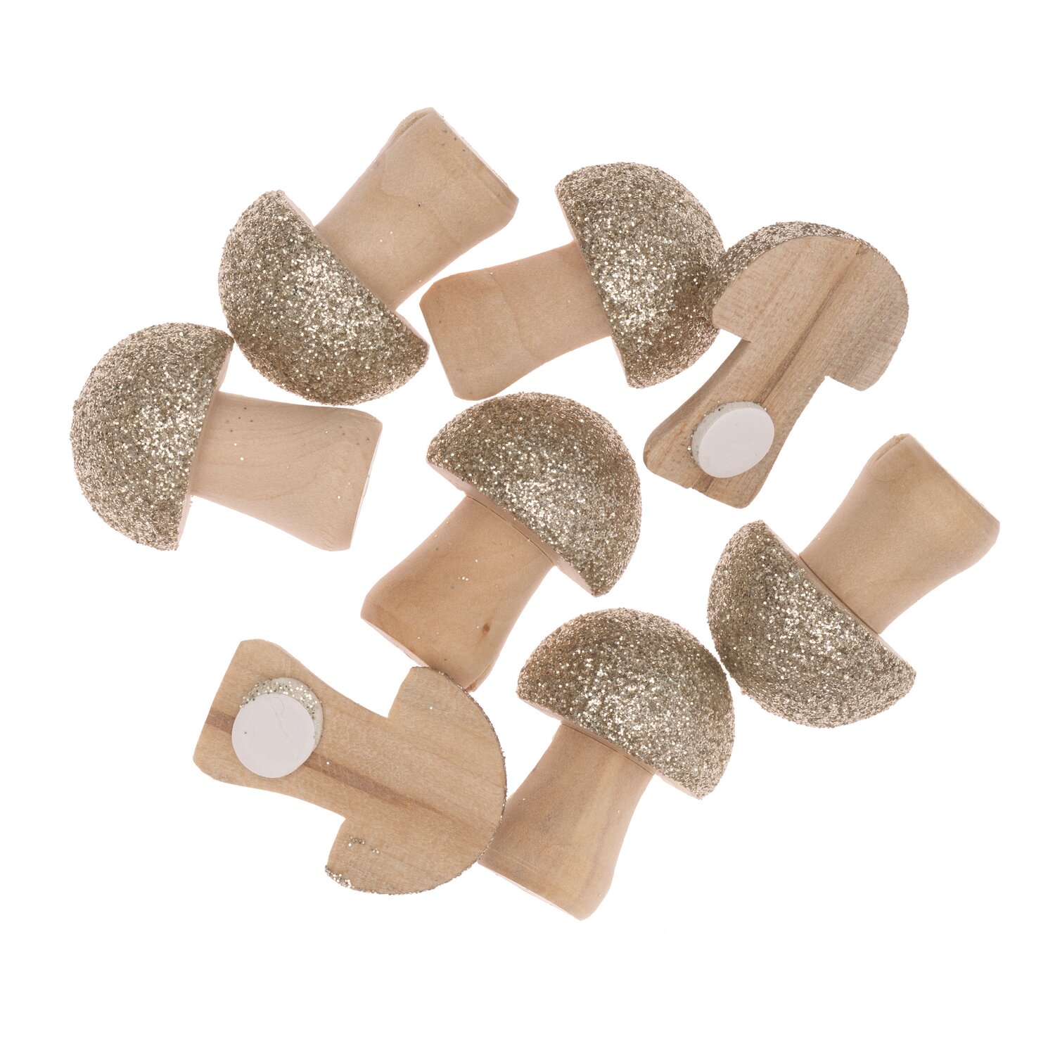 Holzsticker Pilz mit Glitter natur-gold 8 Stück von Rico Design. Dekorative Pilzform in Naturtönen mit glitzernden Kappen, ideal für Bastelprojekte.