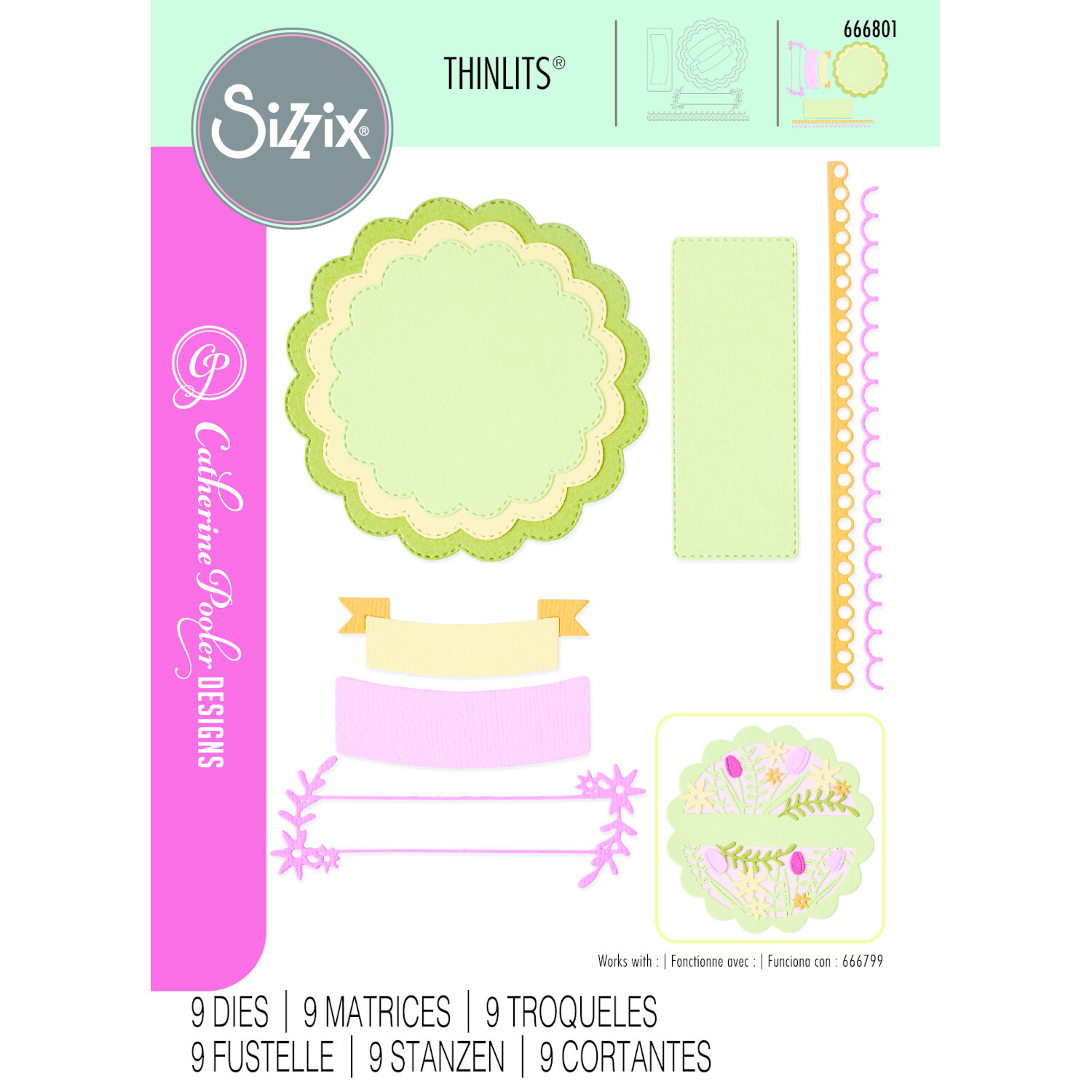Thinlits Scalloped Circle, Borders & Banners Set: Kreatives Stanzenset von Sizzix in Pastellfarben für vielseitige Bastelprojekte.
