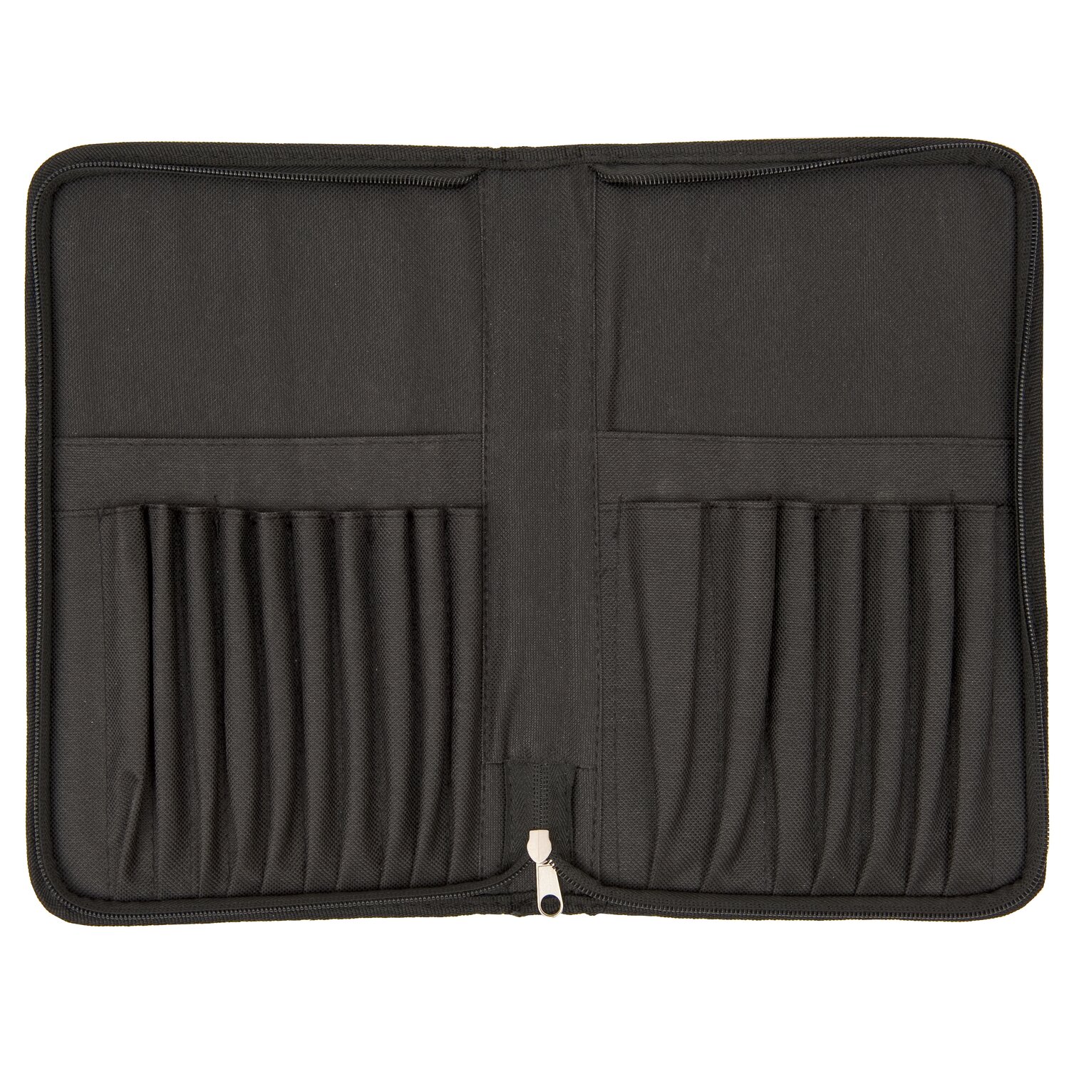 Pinselmappe klein 32x28cm von Rico Design, geöffnet mit mehreren elastischen Fächern für Pinsel und Malzubehör, praktische Reißverschluss-Hülle in dunklem Ton