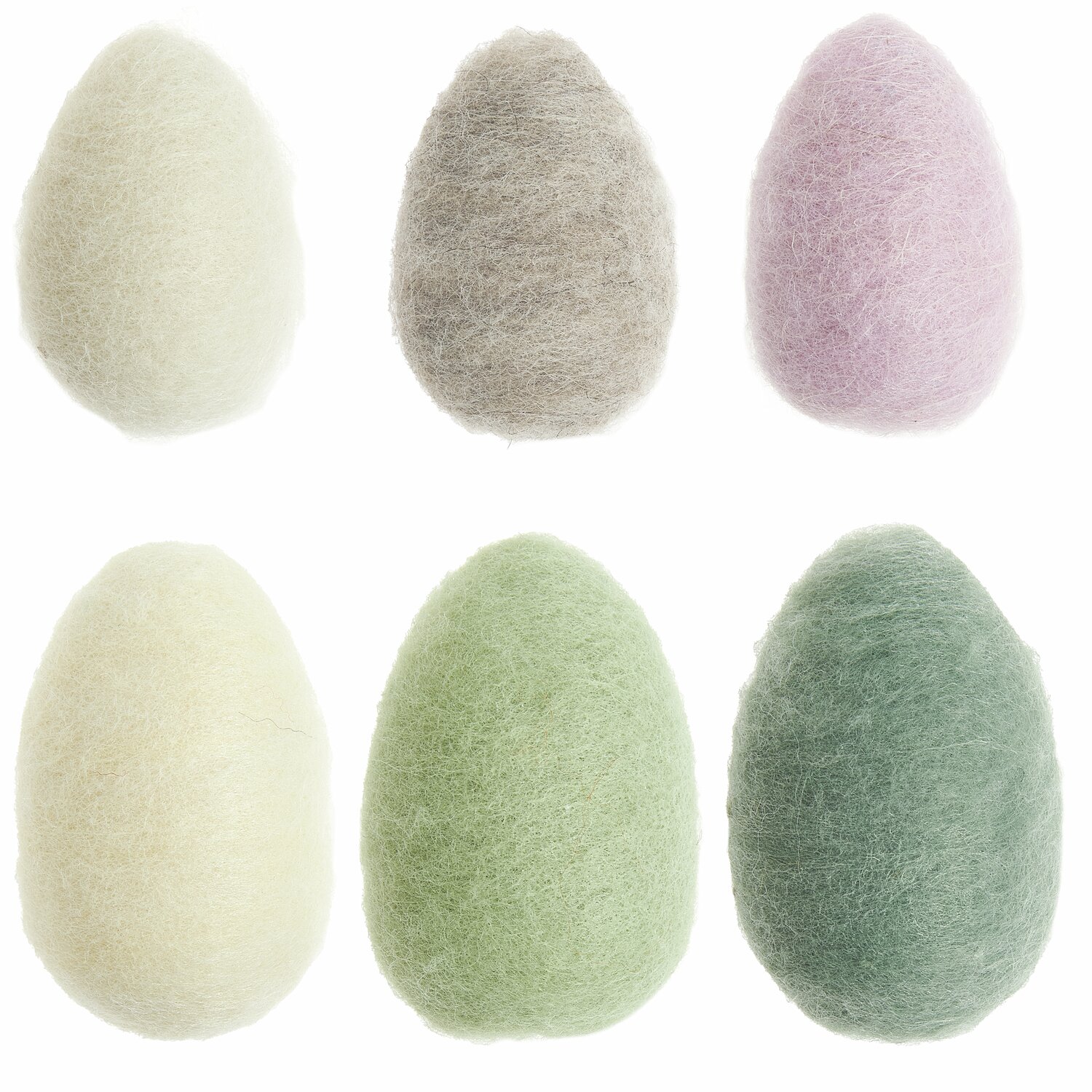 Filzei Gelb/Grün 6 Stück: Sechs pastellfarbene Filzeier in Gelb, Grün, Grau und Rosa, Ø4cm.