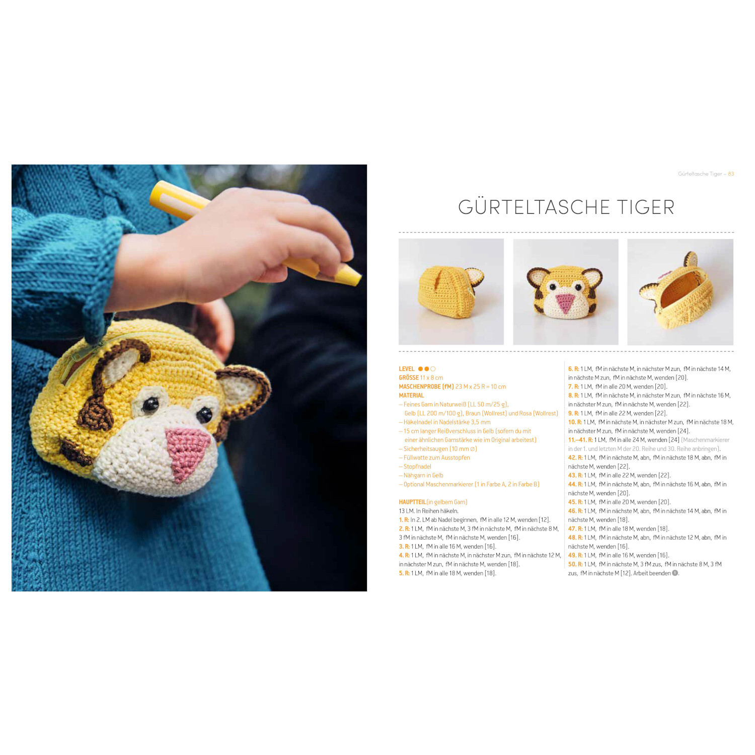 Tierisch süße Rucksäcke & Taschen häkeln: Gelbe Gürteltasche in Tigerform, ideal für Kinder.
