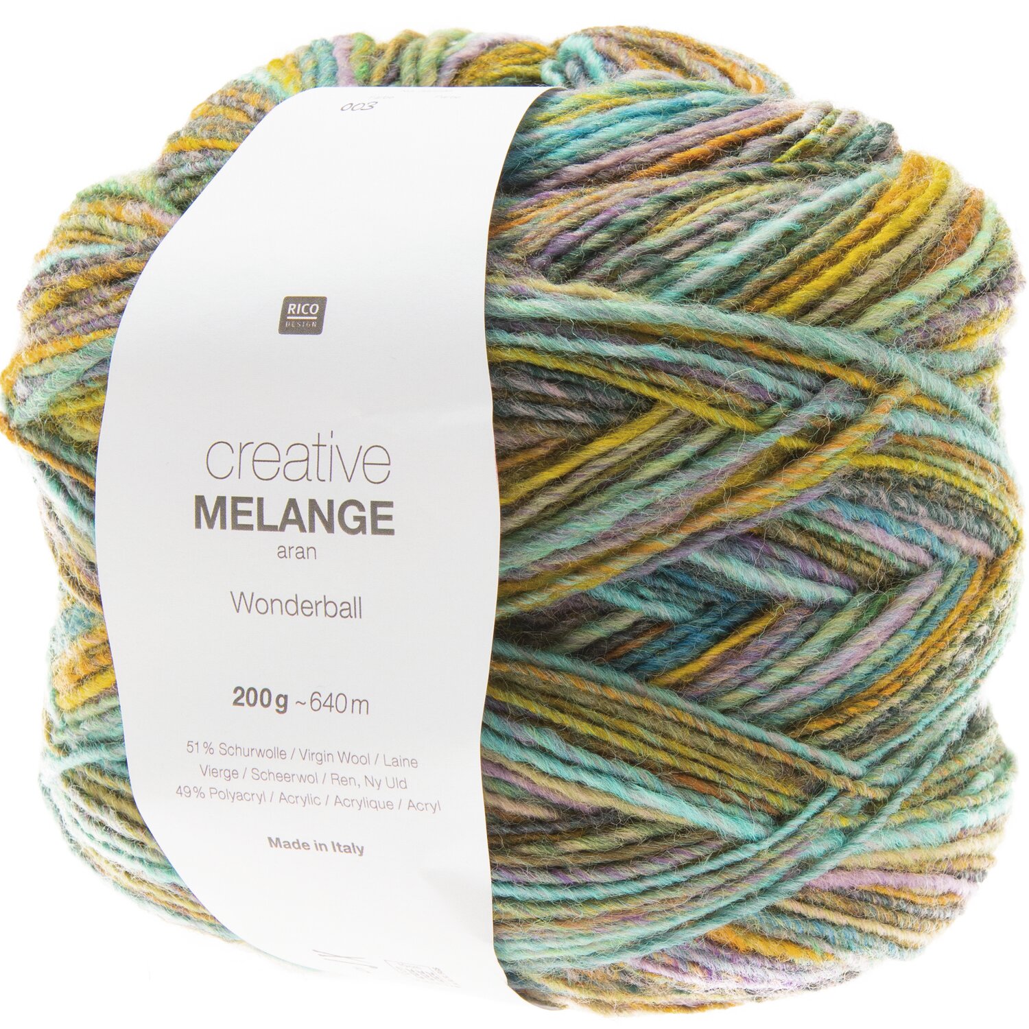 Creative Melange aran Wonderball, 200g, 640m, in Flieder-Türkis von Rico Design, ideal für Strickprojekte.