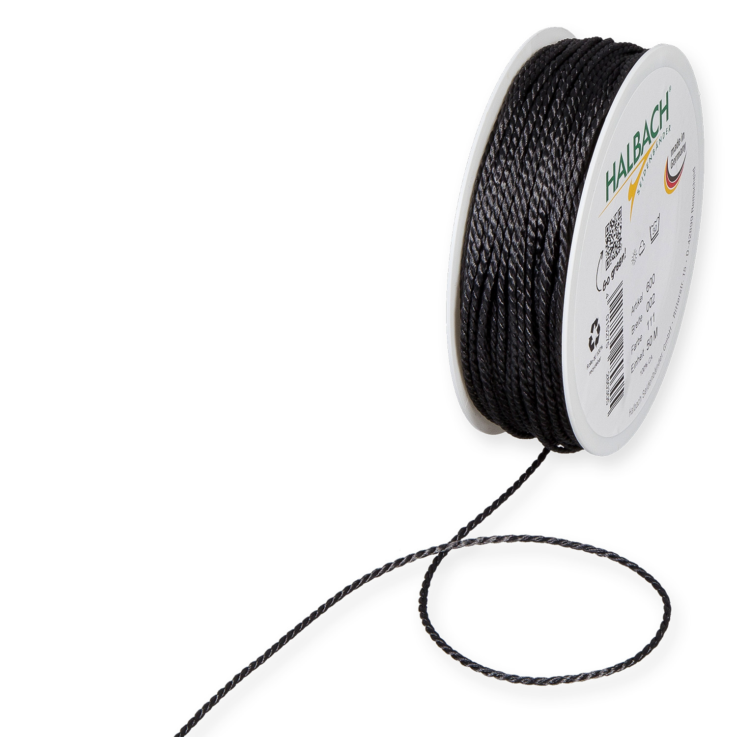 Kordel 2mm 10m auf einer Rolle von Halbach, anthrazitfarben, ideal für Bastelprojekte.