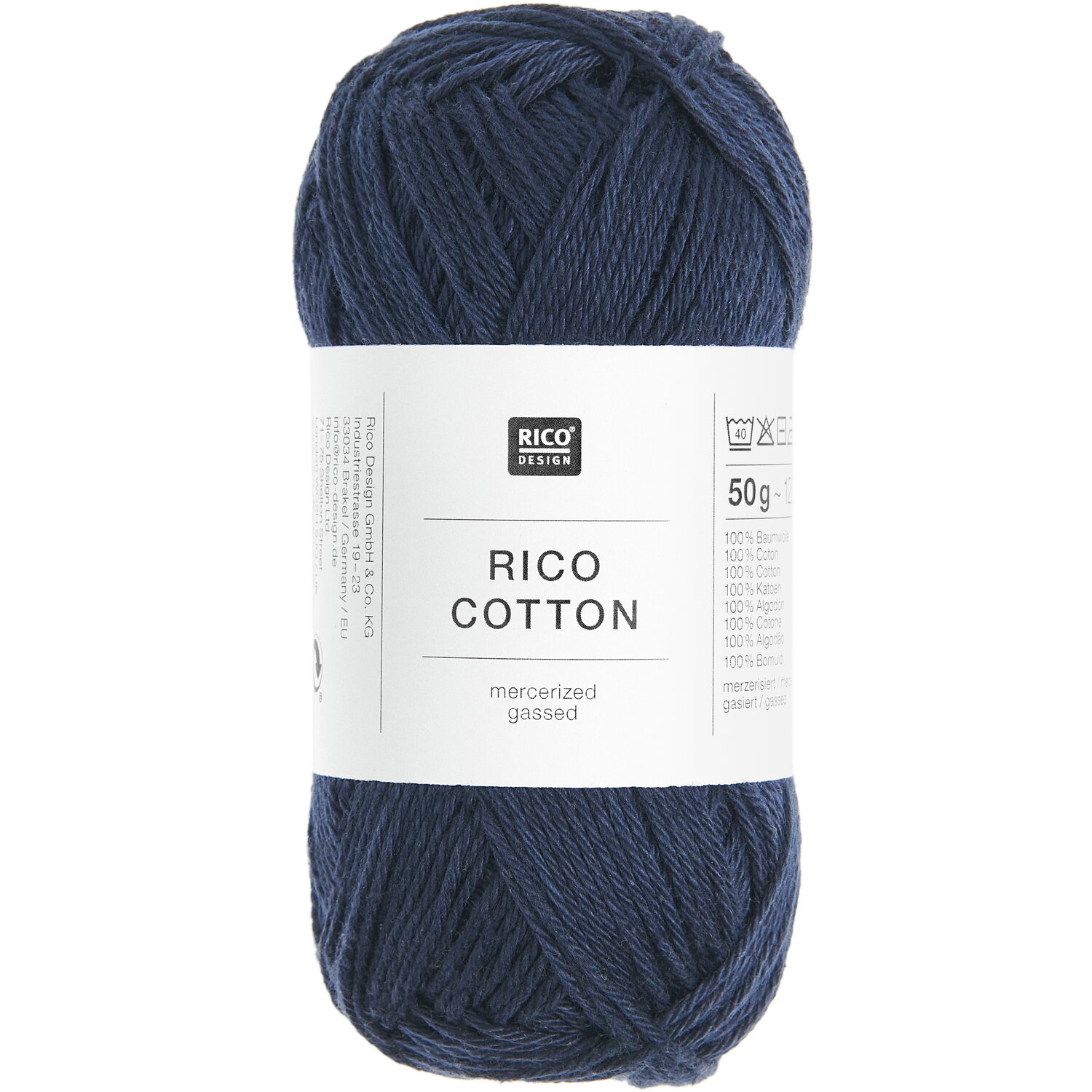 Rico Cotton: Dunkelblaues Baumwollgarn von Rico Design, 50g, 125m, ideal für Strickprojekte.