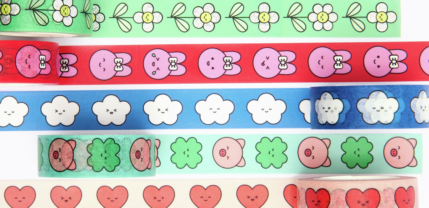 Paper Poetry Tape Set Chingu zeigt bunte Tier- und Wolkenmotive auf dekorativem Klebeband.