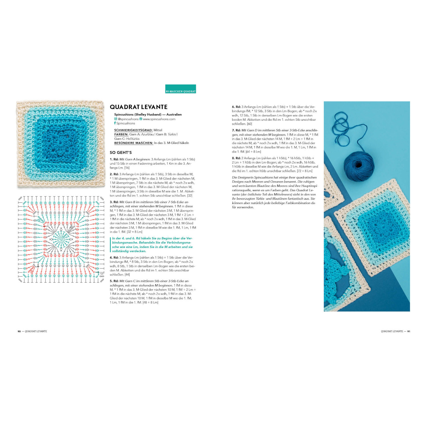 Musterbibel Granny Squares von Edition Michael Fischer  Musterbibel Granny Squares: Anleitung für blaue Häkelquadrate mit Garn und Häkelnadel auf blauem Hintergrund.