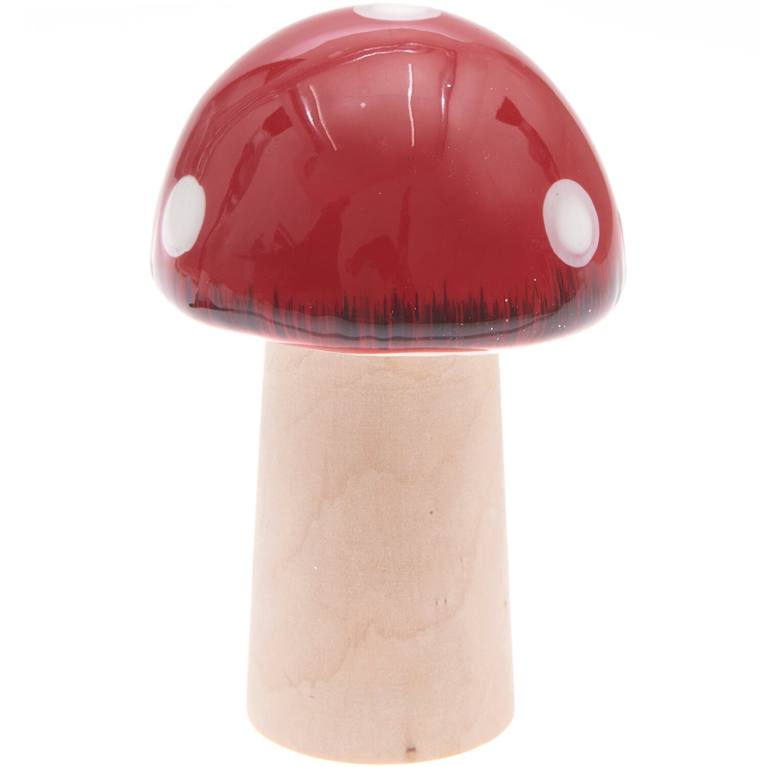 Porzellan Pilz mit Holzfuß rot 8,8x8,5x9cm, dekorativer Pilz mit rotem Porzellanhut und Holzstamm, ideal für stilvolle Inneneinrichtung.