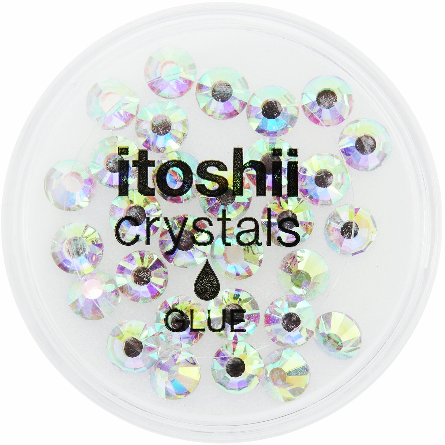 Klebesteine Crystal AB 4,8mm in einer runden Verpackung mit schillernden Farben, Marke itoshii.