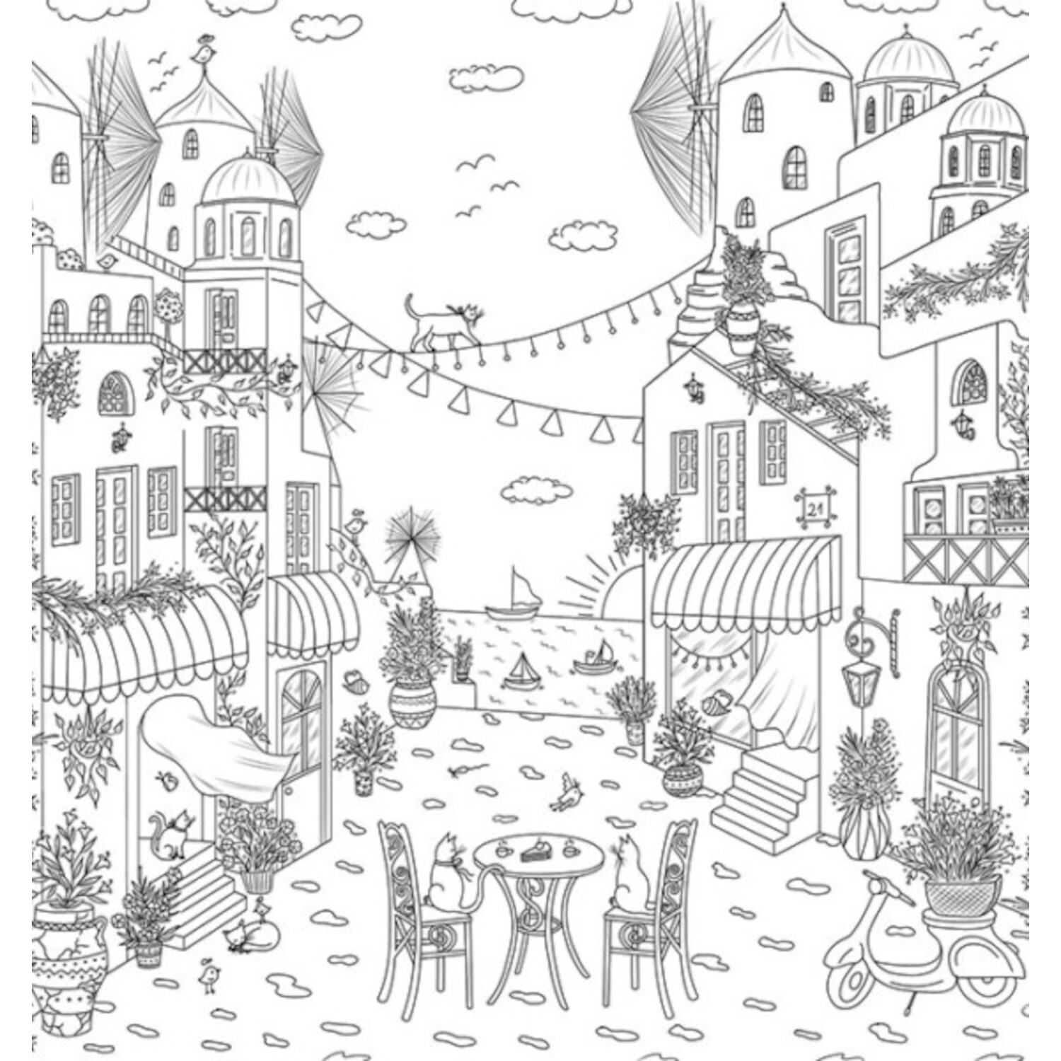 Colorful World - Reise um die Welt: Malvorlage einer mediterranen Straßenszene mit Cafétischen, Pflanzen und Vespa. Ideal für kreative Entspannung.