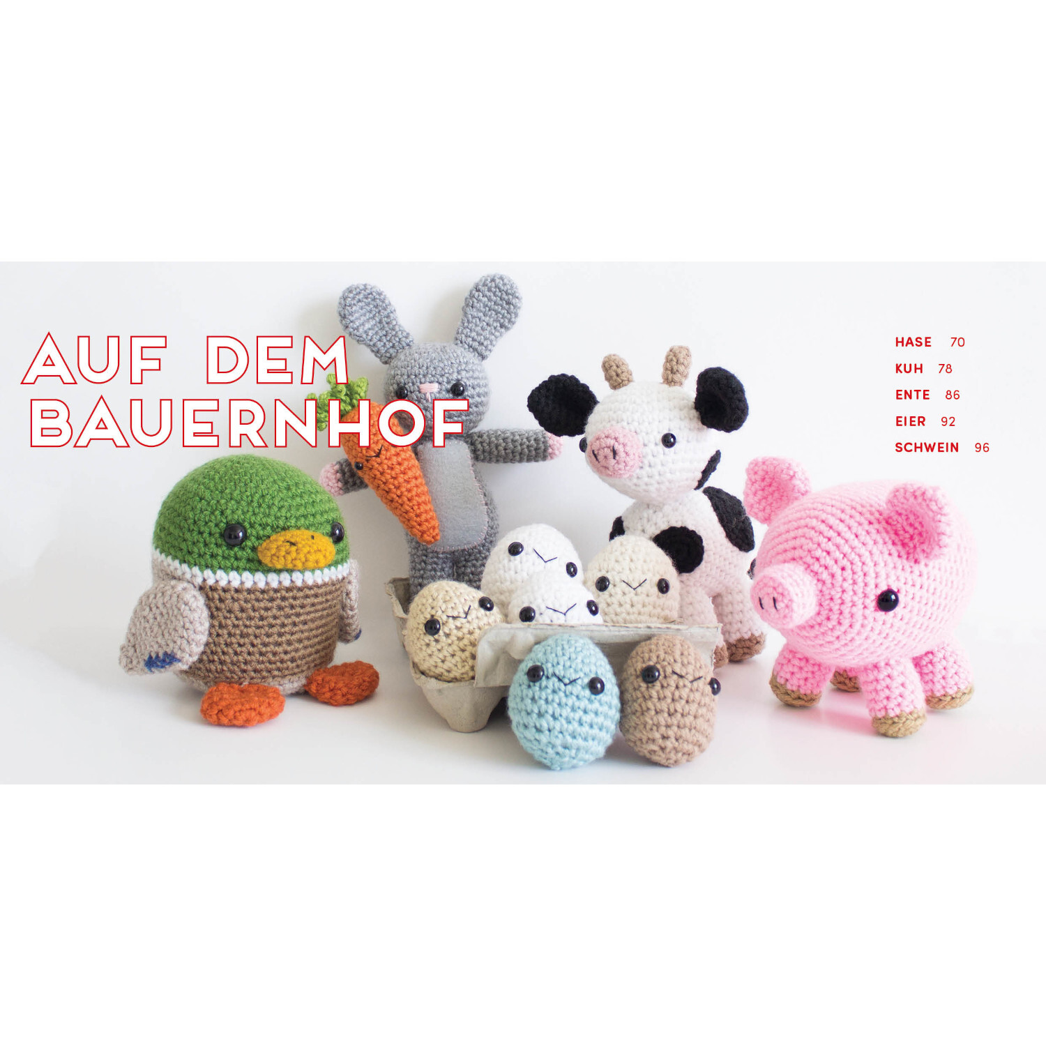 Meine kunterbunte Amigurumi-Welt: Bunte gehäkelte Bauernhof-Tiere, darunter Ente, Kuh und Schwein.