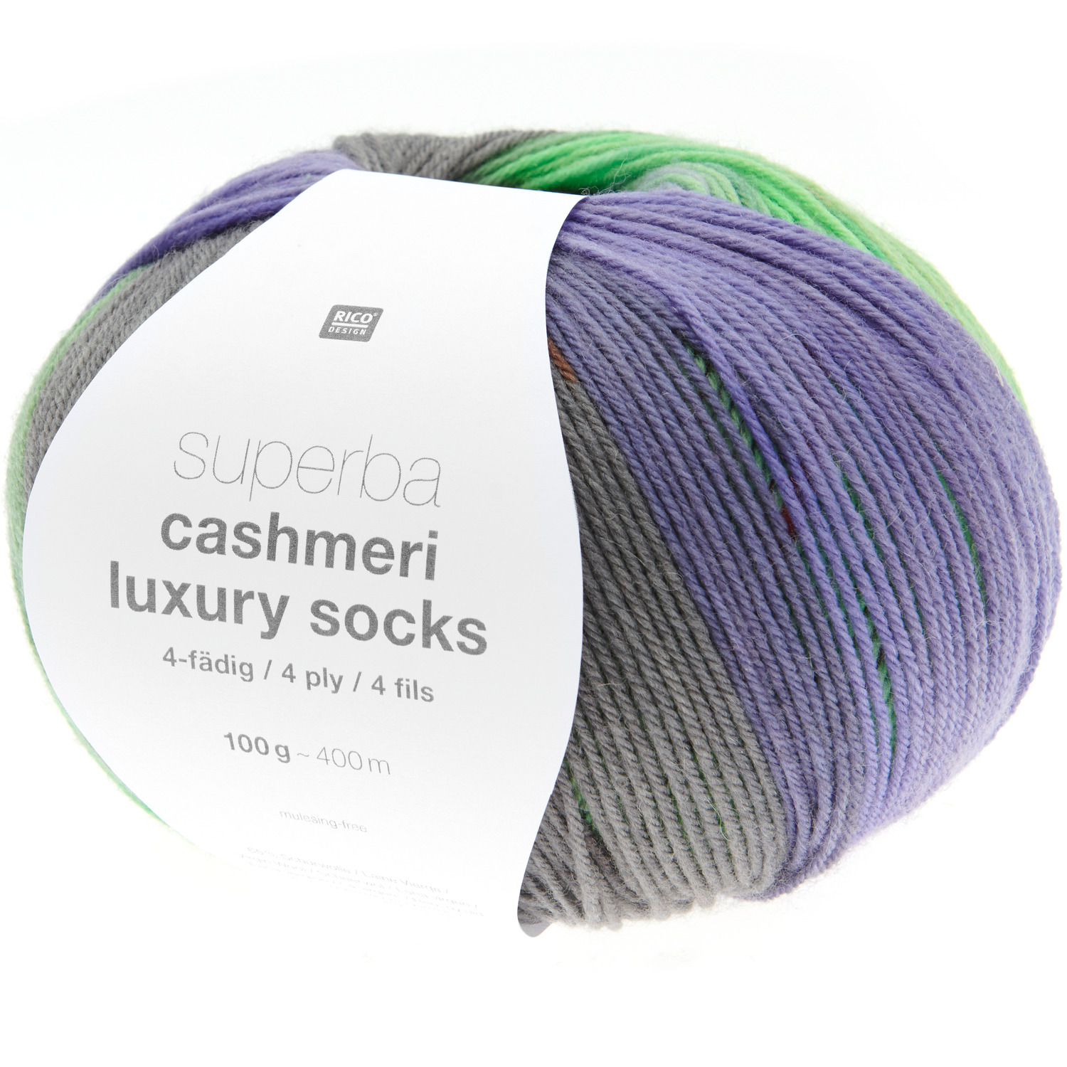 Superba Cashmeri Luxury Socks 4fädig, weiches Garn in Lila, Grau und Grün, 100g, 400m, von Rico Design. Ideal für hochwertige Strickprojekte.