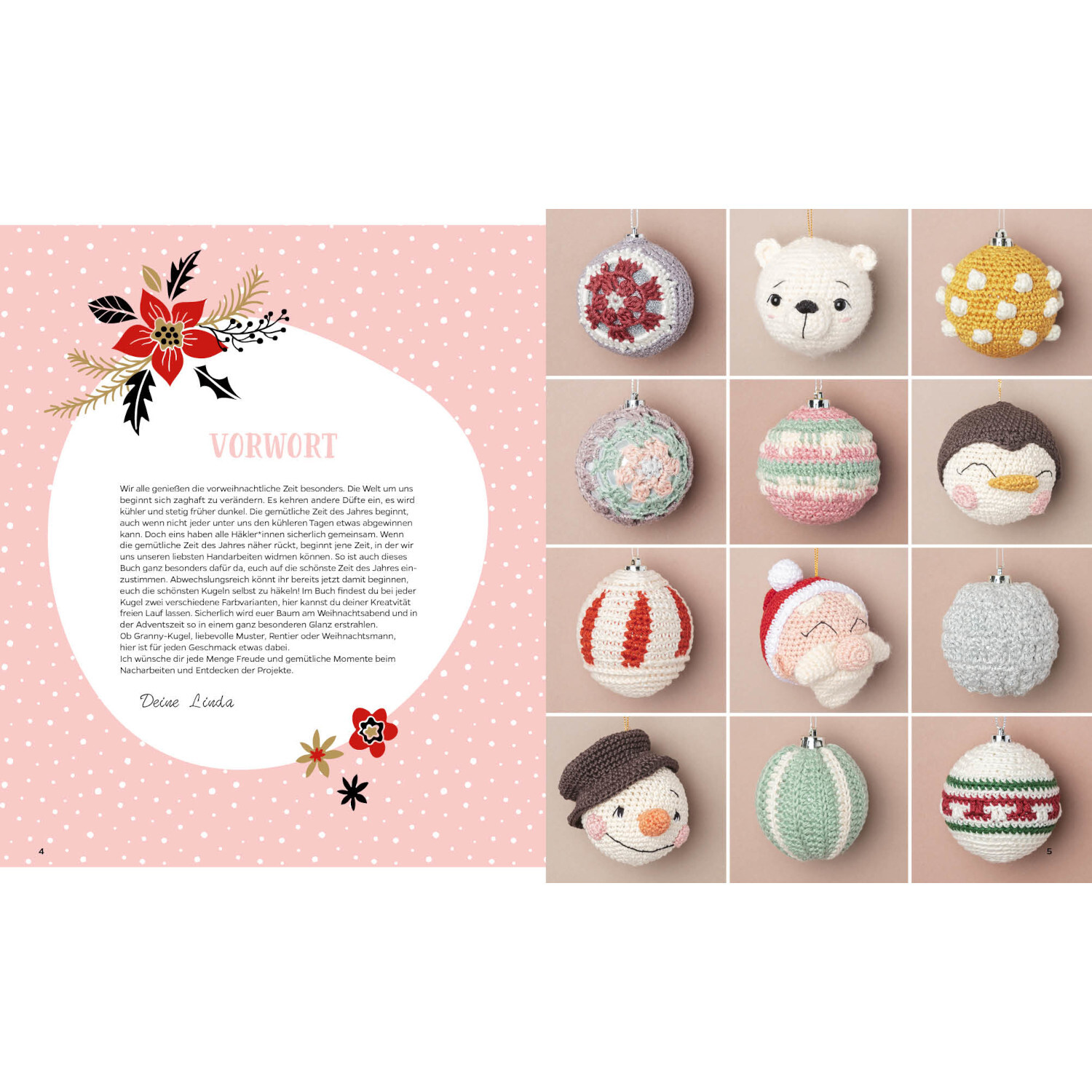 Weihnachtskugeln häkeln: Bunte, gehäkelte Kugeln und Figuren auf rosa Hintergrund, EMF Verlag.