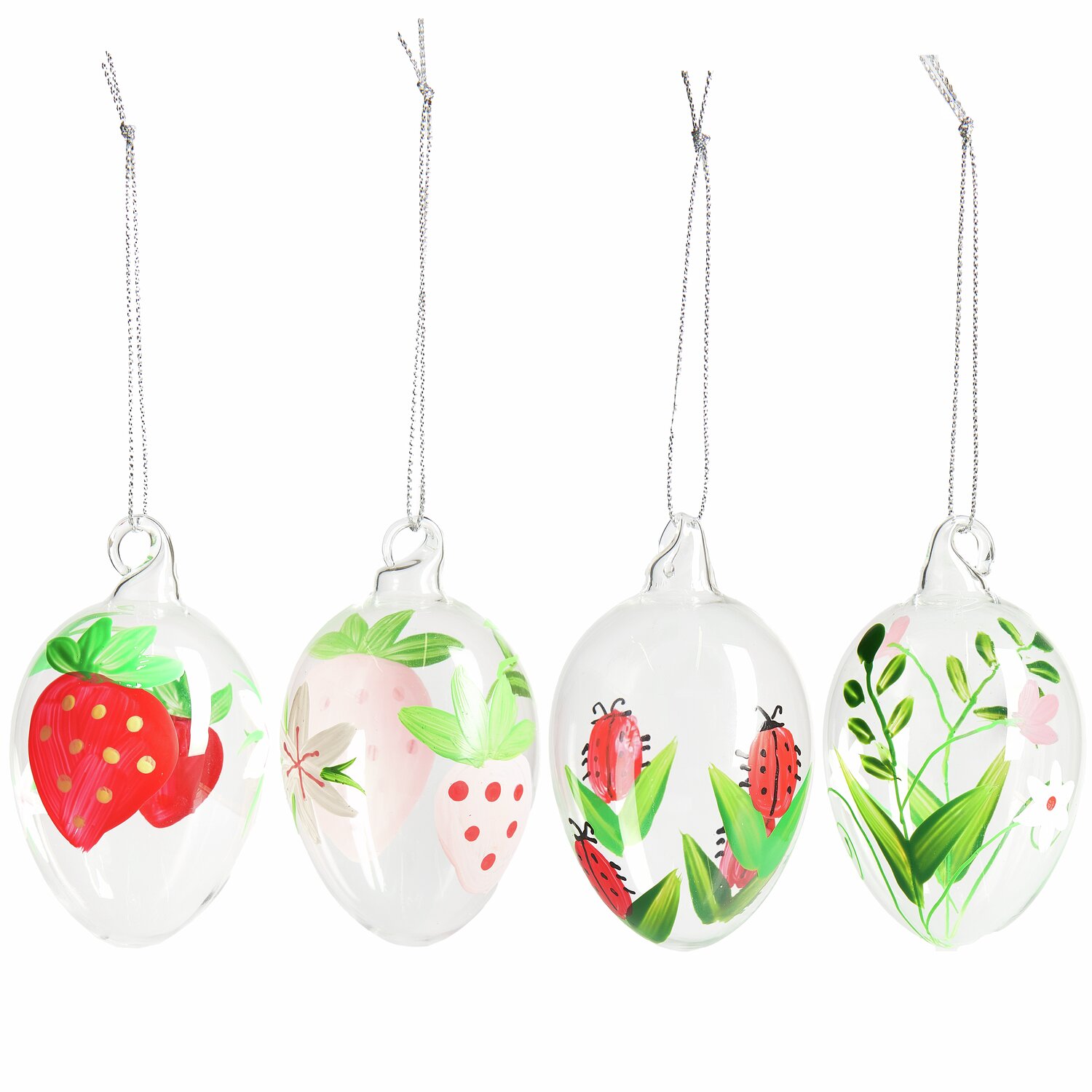Glas Eier Erdbeeren/Marienkäfer 4 Stück: Handbemalte Deko-Eier mit Erdbeer- und Marienkäfer-Motiven, ideal für Frühlingsdekorationen.