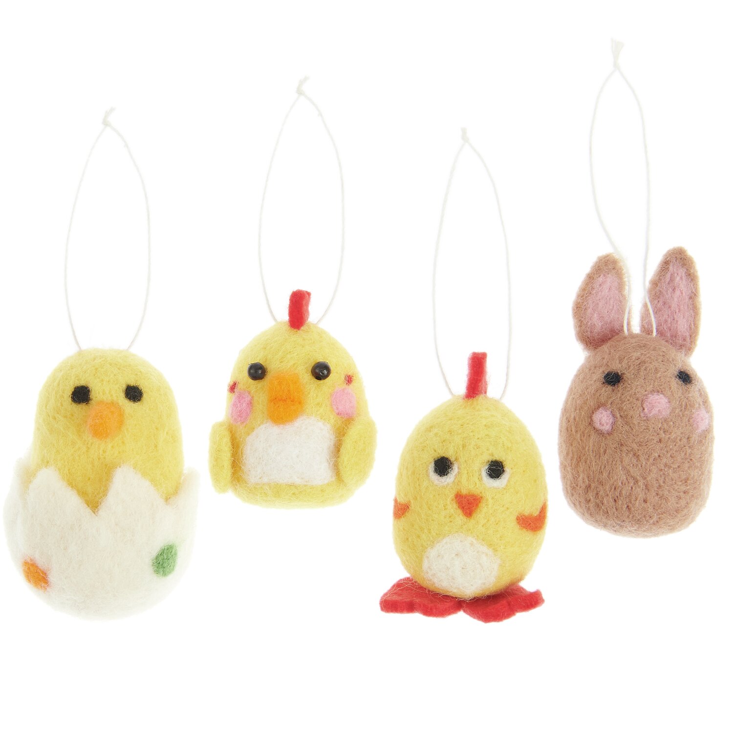 Aufhänger Filz-Osterfiguren 3D 4 Stück: Bunte Filzfiguren in Gelb und Braun, ideal für Osterdekorationen.