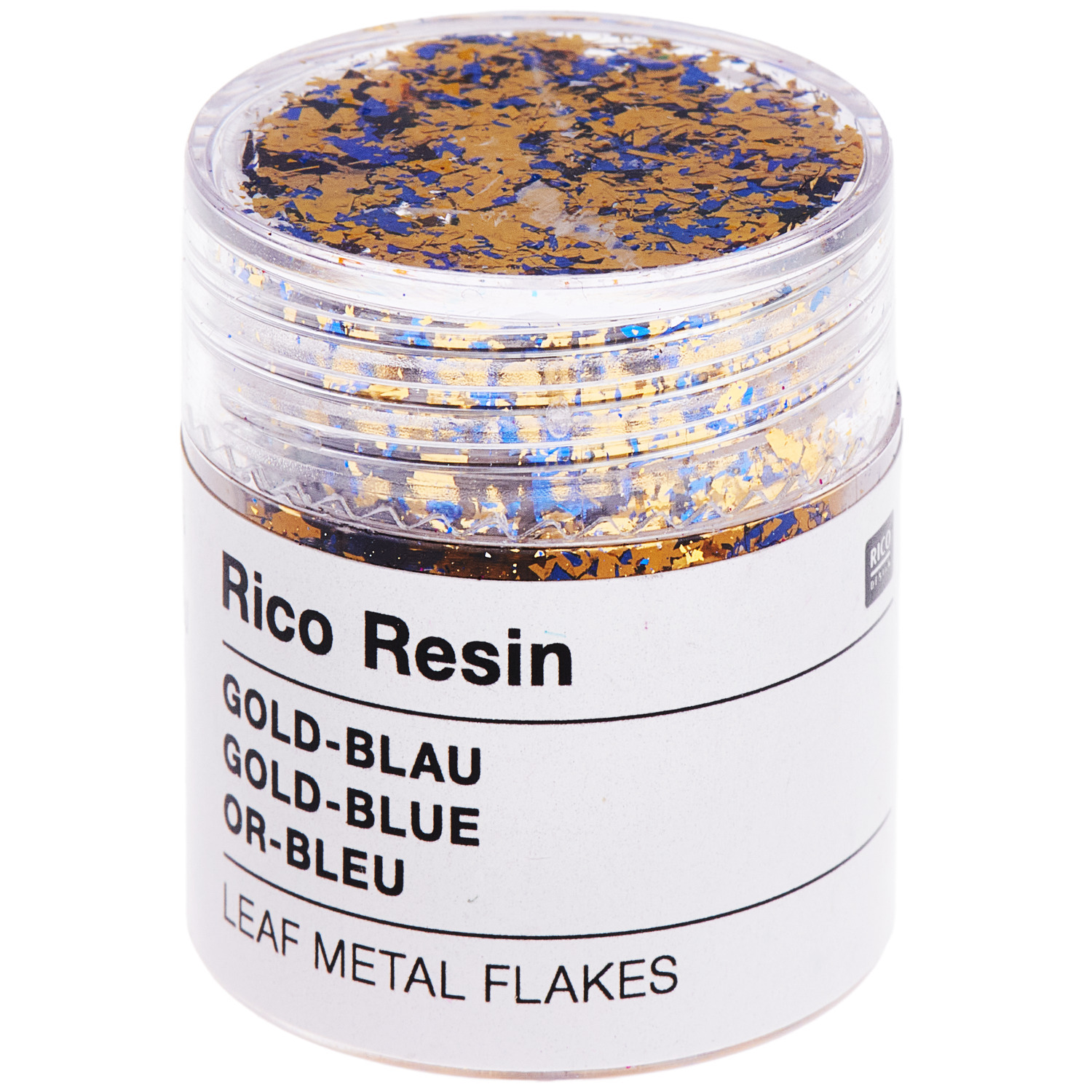 Blattmetall für Resin in Gold und Blau, 5ml. Transparentes Döschen von Rico Design mit dekorativen Metallflocken.