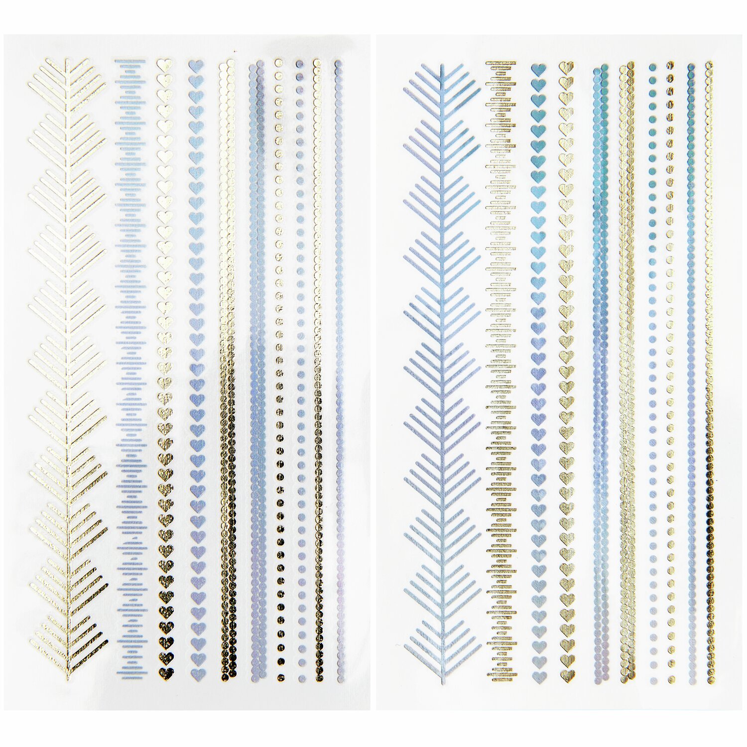 Tattoos Festival Vibe, 20-teilig: Temporäre Tattoos in Blau und Gold mit Herz- und Pfeilmotiven. Ideal für kreative Designs und festliche Anlässe.