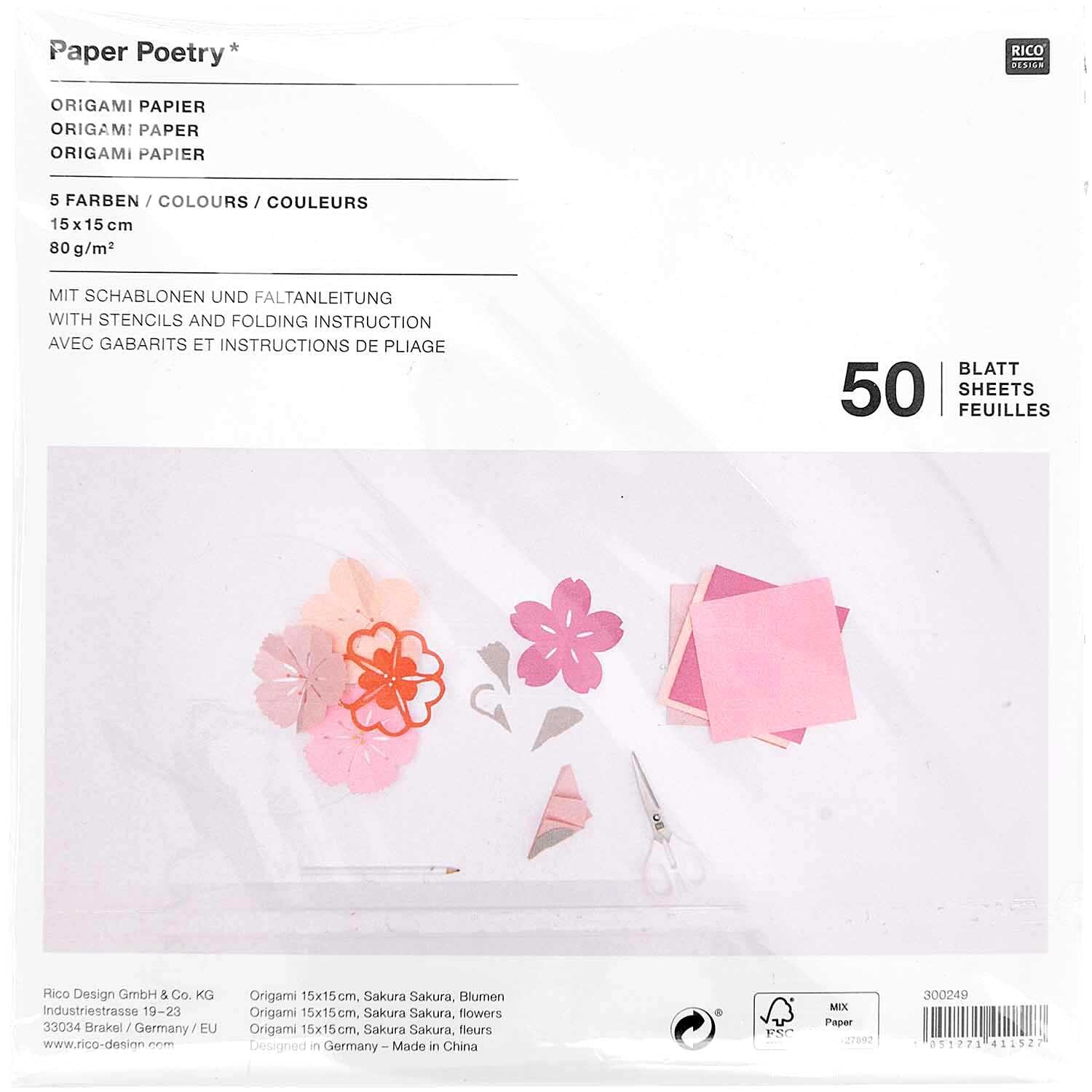 Paper Poetry Origami Blumen 15x15cm 50 Blatt 4 Schablonen von Rico Design