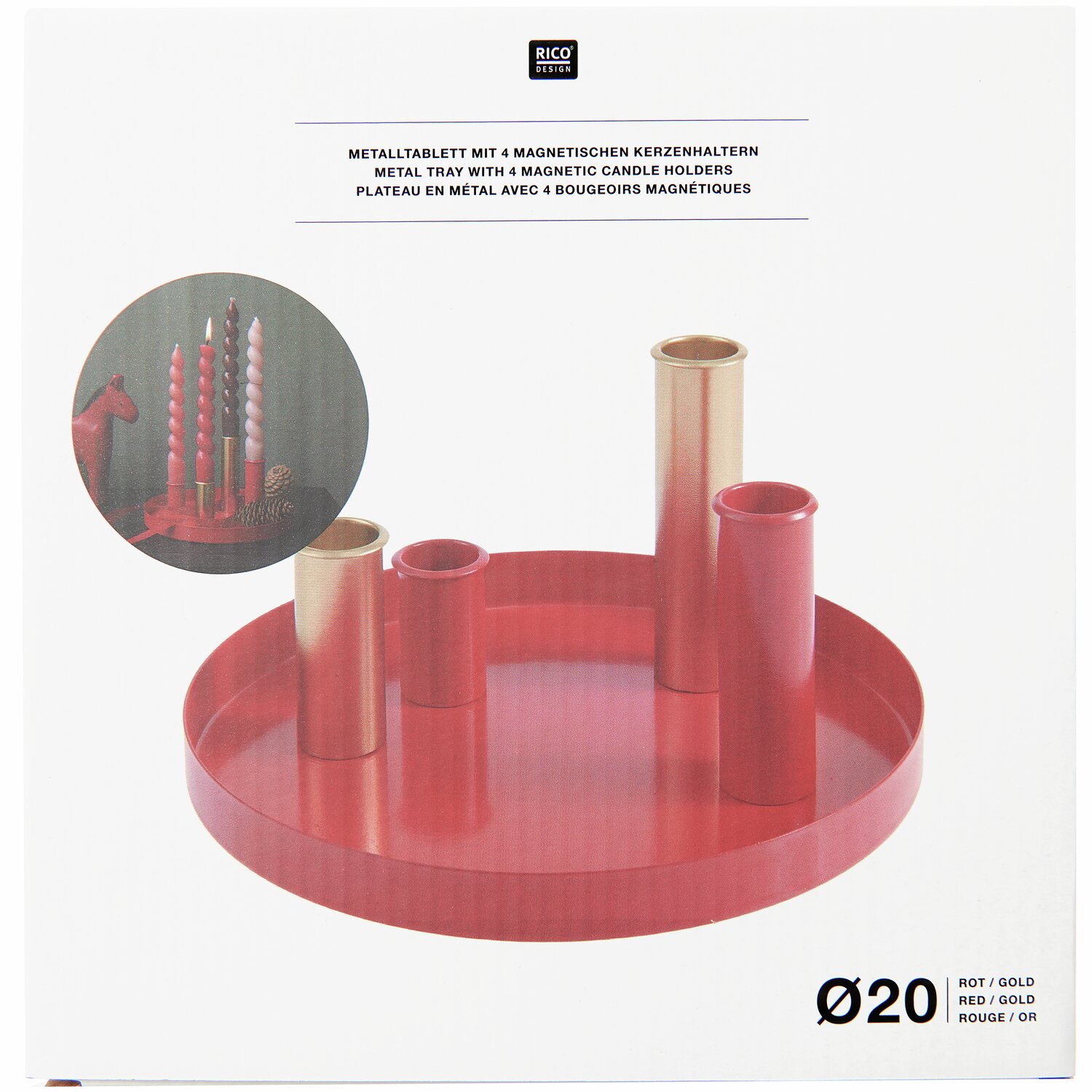 Metalltablett inkl. 4 magnetischen Kerzenhalter  Ø20cm Farbe Rot/Gold von Rico Design