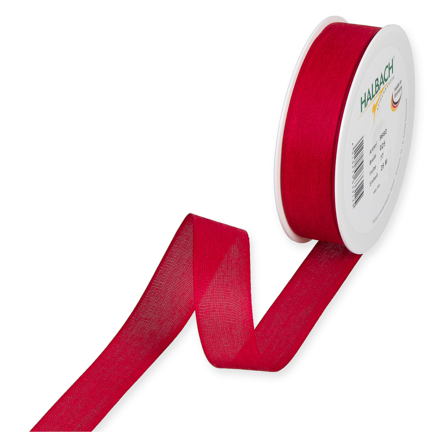 Dekoband in Baumwolloptik 25mm 5m, leuchtend rot, auf Rolle von Halbach, ideal für Dekorationen.