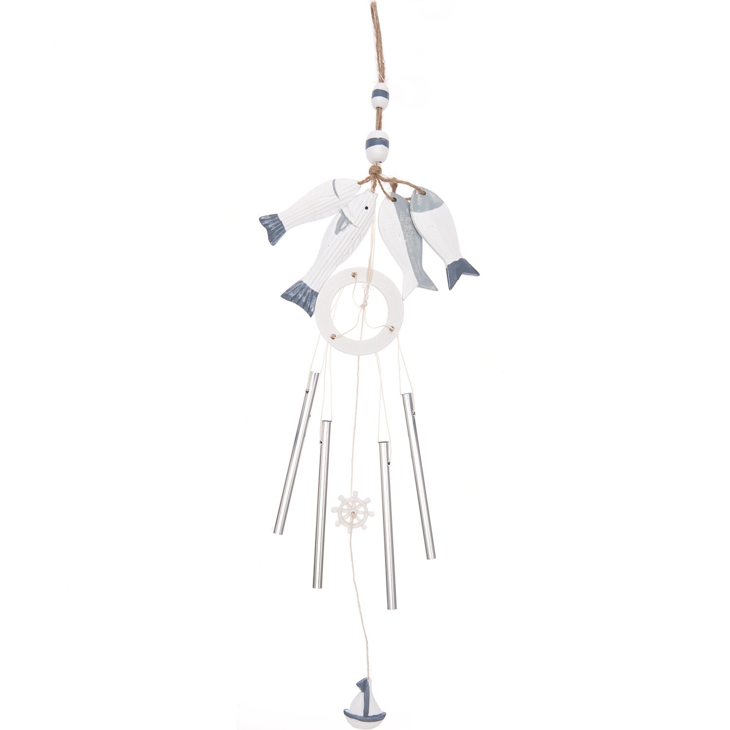 Windspiel maritim blau-weiß 60cm mit Fischen und Segelboot. Ideal für Garten oder Balkon.