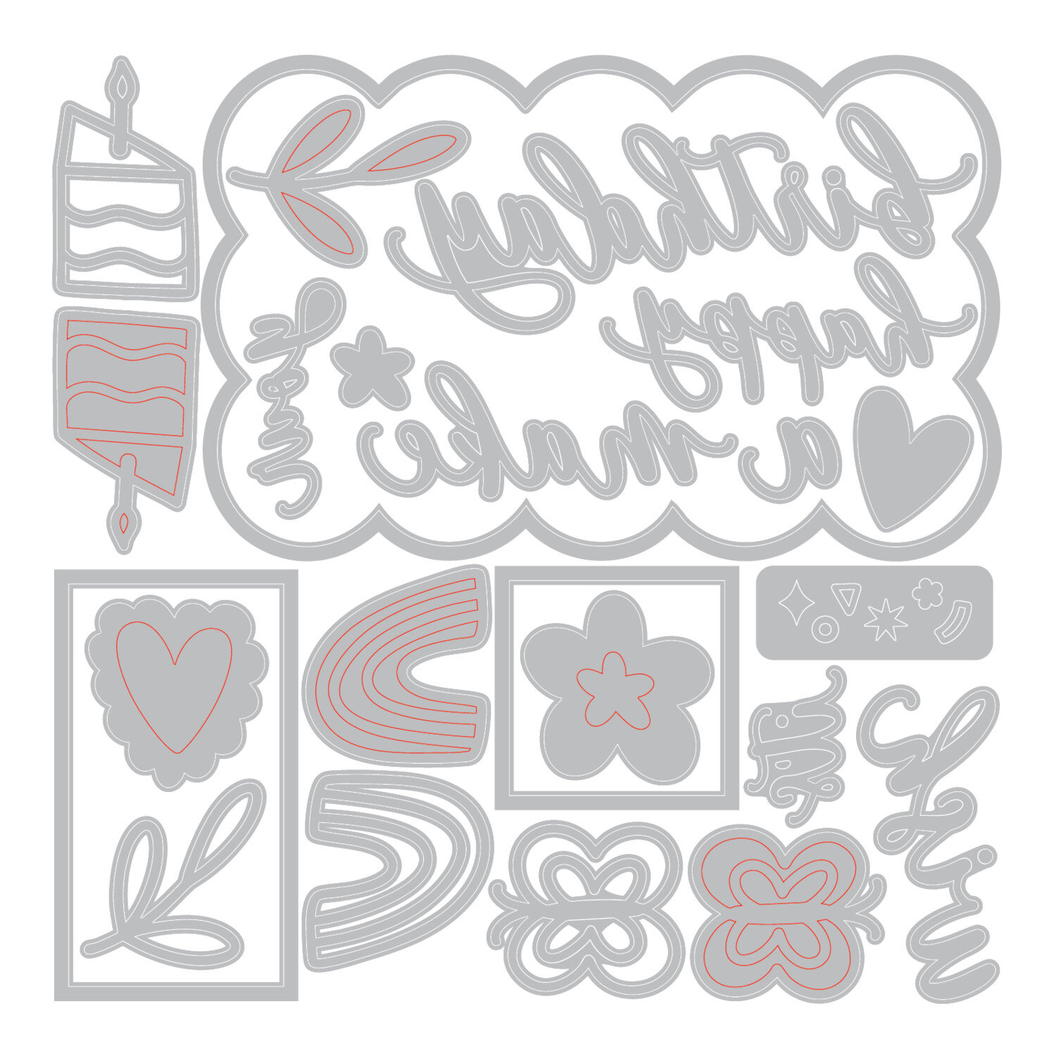 Sizzix Thinlits Die Set Birthday Doodles 23 Stück mit Metall-Schneideschablonen für Karten: Kuchenstück, Schriftzüge, Blumen, Herz, Regenbogen und Konfettiformen