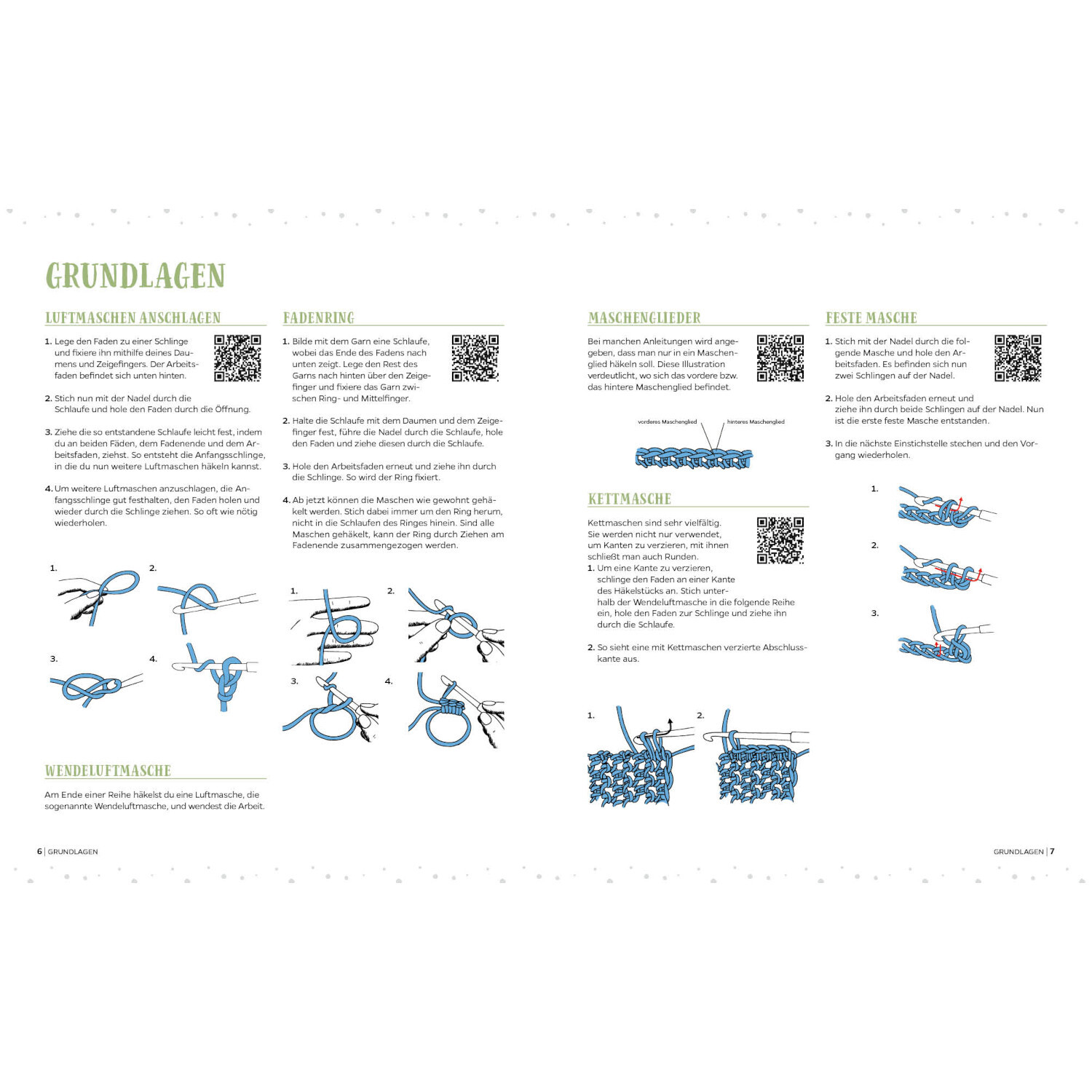 Weihnachtskugeln häkeln: Anleitung mit blauen Illustrationen zu Häkeltechniken von EMF.