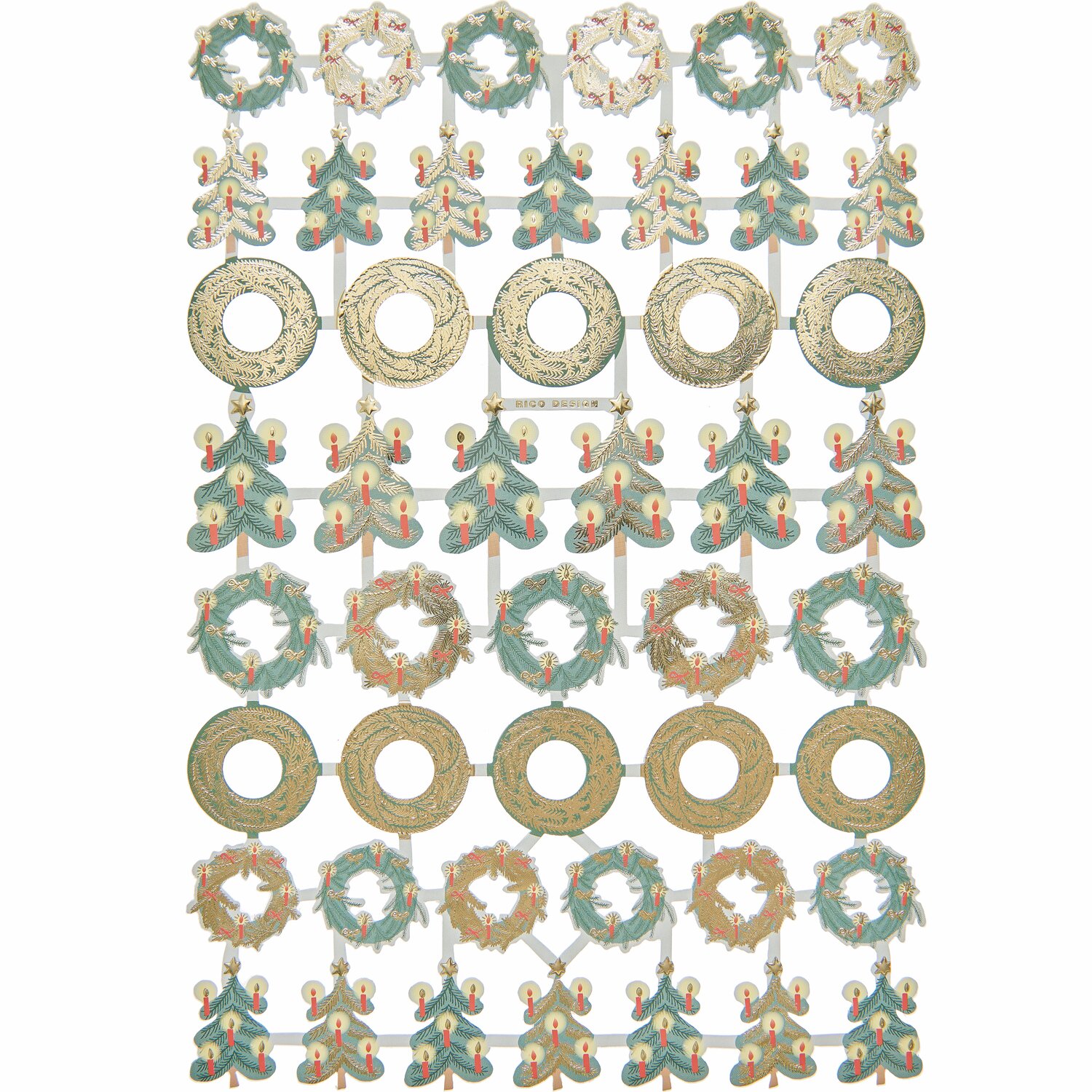 Paper Poetry Glanzbilder Kränze/Weihnachtsbäume von Rico Design zeigen festliche Kränze und Bäume auf einem Blatt. Ideal für kreative Weihnachtsprojekte.