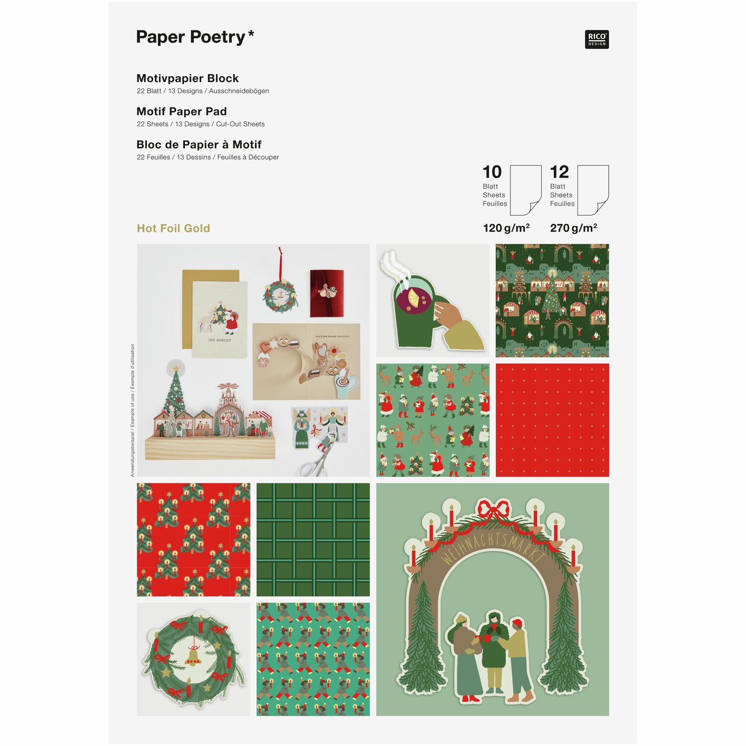 Paper Poetry Motivpapierblock Weihnachtsmarkt mit festlichen Designs, ideal für kreative Weihnachtsprojekte. Enthält 22 Blatt von Rico Design.