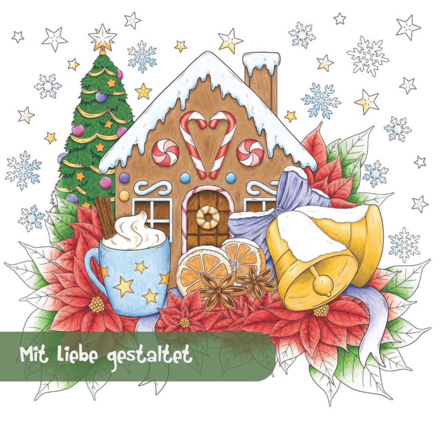 Colorful World - Besinnliche Weihnachtszeit: Lebkuchenhaus mit Glocken, Tasse und Weihnachtsbaum.