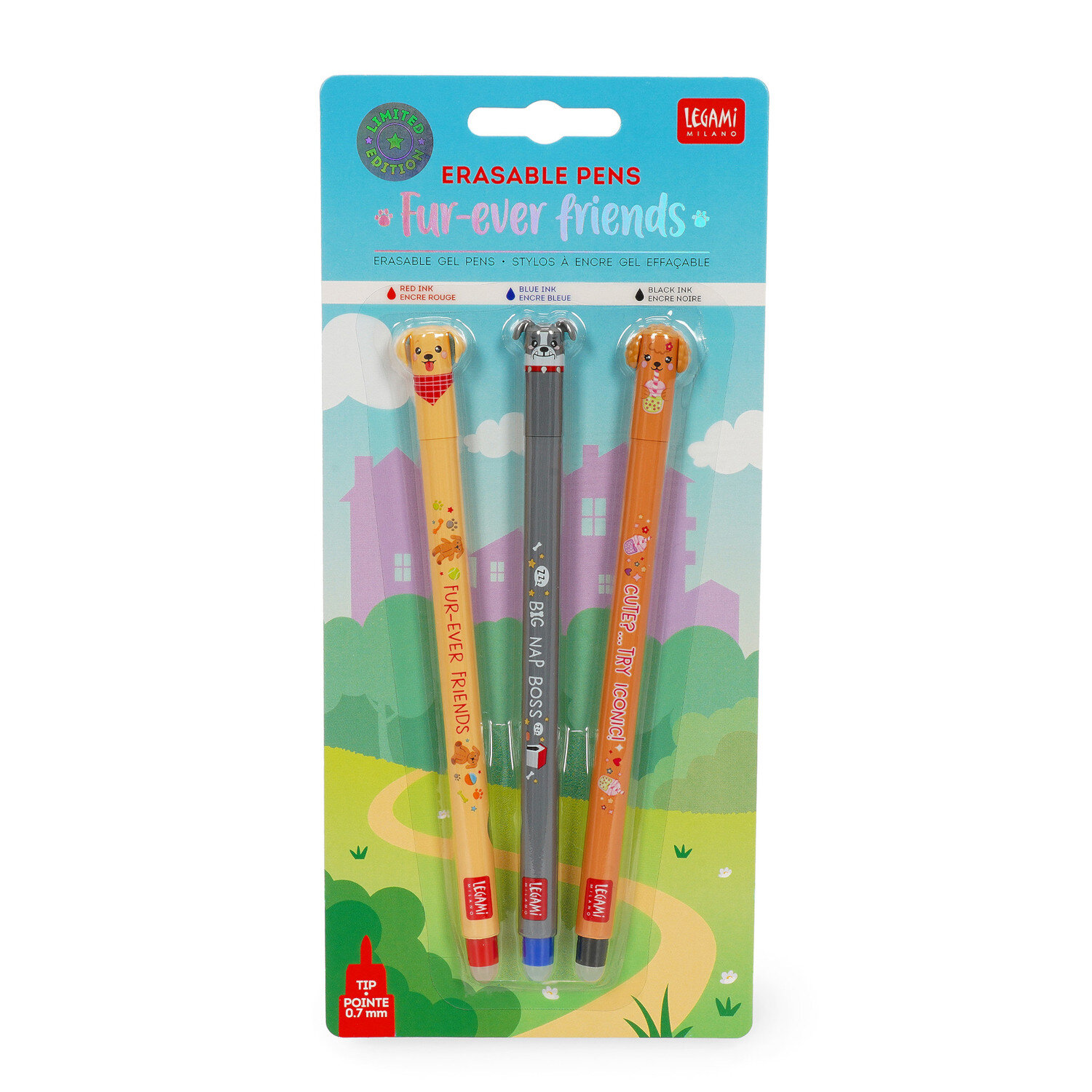 Erasable Gel Pen Set 3 Stück Fur-ever Friends BTS 26, Legami, Set bunter radierbarer Gelstifte mit Hunde-Motiven in Blisterverpackung für Schule und Büro